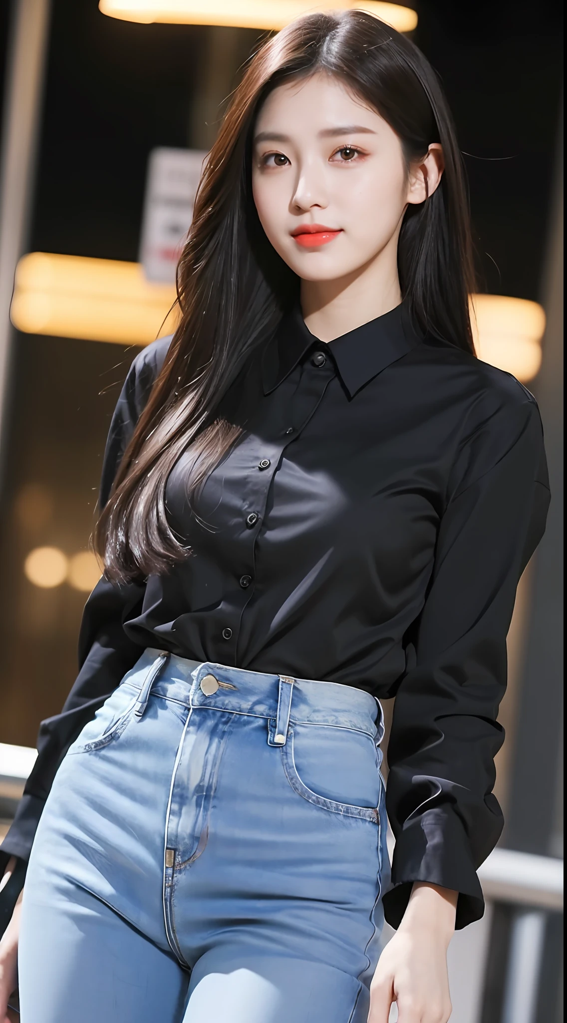 20 years old, pure beauty, danfeng eyes, double eyelids, lying silkworm, long eyelashes, black eyes, deep black hair, graceful body, exposed slender waist, casual shirt, new perfect denim, face highlight, smile, look at me, bust photo, background, city night scene, Tyndall light, filter rendering, super fine, HD, HD, HD picture quality, detail, 18k ultra HD resolution, top effects, master works, bust photos.