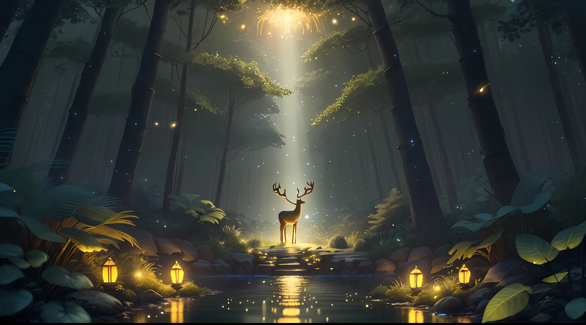 Masterpiece, best quality, (very detailed CG unity 8k wallpaper), (best quality), (best illustration), (best shadows), glow sprite, with a glowing deer, in the swimming pool Drinking water, natural elements in the forest theme. Mysterious forest, beautiful forest, nature, surrounded by flowers, delicate leaves and branches surrounded by fireflies (natural elements), (jungle theme), (leaves), (twigs), (fireflies), (particle effects) etc. 3D , Octane rendering, ray tracing, super detailed