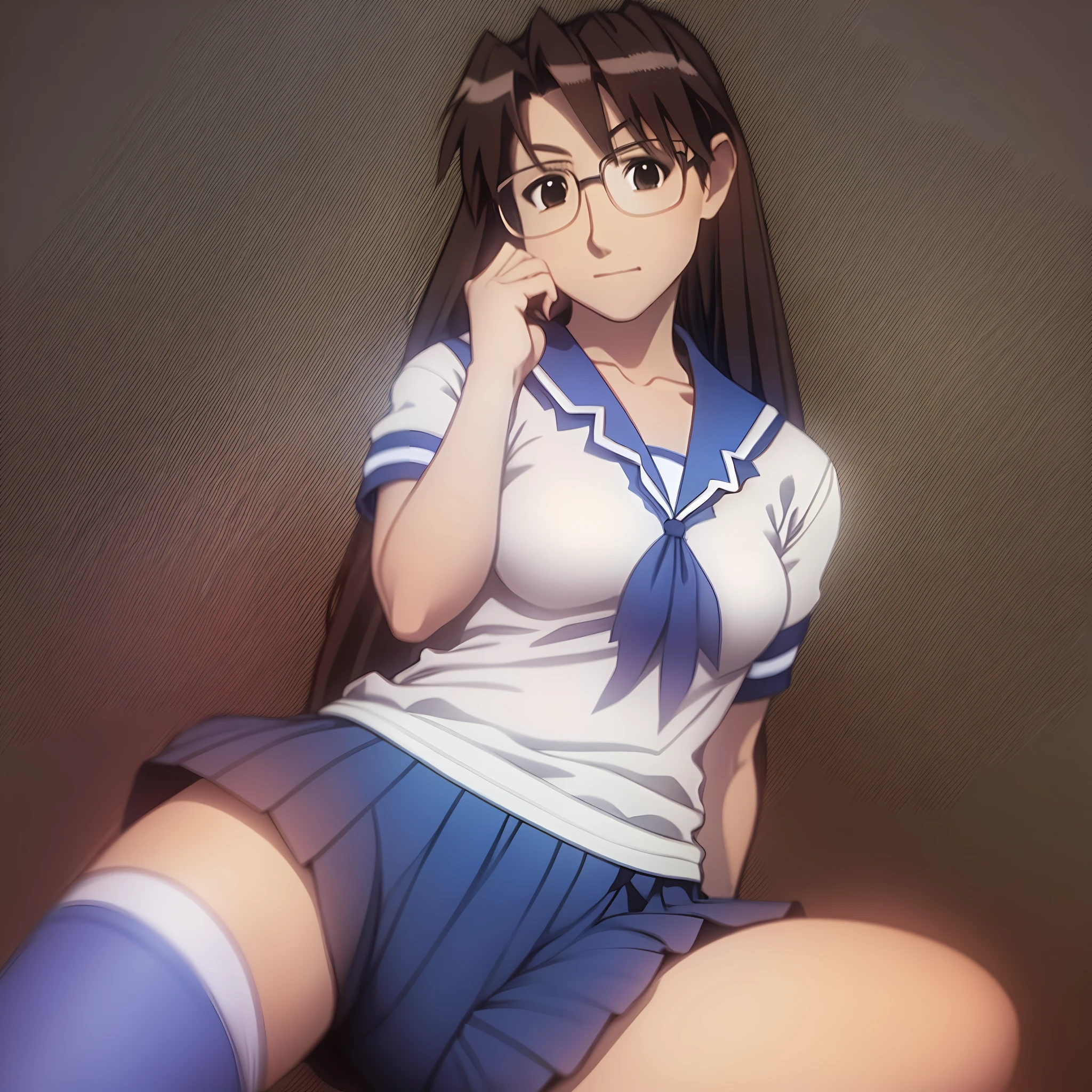 Koyomi Mizuhara, long hair, brunette female, glasses, school girl, sailor uniform, black high thigh socks, shoes