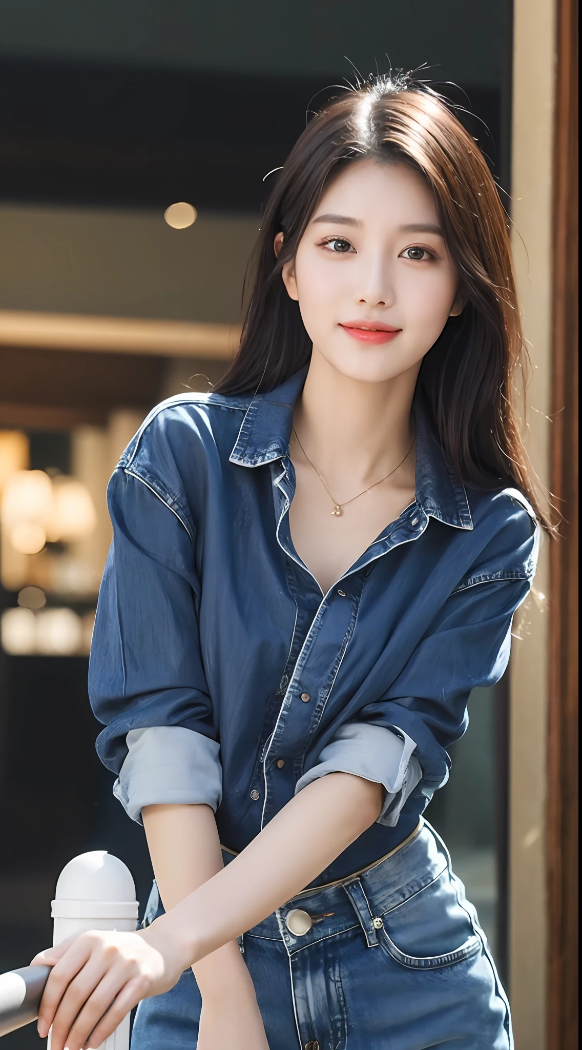20 years old, pure beauty, danfeng eyes, double eyelids, lying silkworm, long eyelashes, black eyes, deep black hair, graceful body, exposed slender waist, casual shirt, new perfect denim, face highlight, smile, look at me, bust photo, background, city night scene, Tyndall light, filter rendering, super fine, HD, HD, HD picture quality, detail, 18k ultra HD resolution, top effects, master works, bust photos.