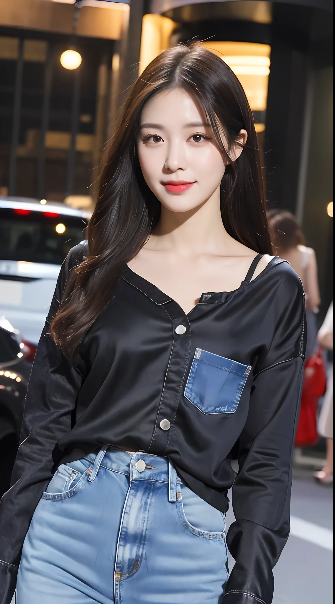 20 years old, pure beauty, danfeng eyes, double eyelids, lying silkworm, long eyelashes, black eyes, deep black hair, graceful body, exposed slender waist, casual shirt, new perfect denim, face highlight, smile, look at me, bust photo, background, city night scene, Tyndall light, filter rendering, super fine, HD, HD, HD picture quality, detail, 18k ultra HD resolution, top effects, master works, bust photos.