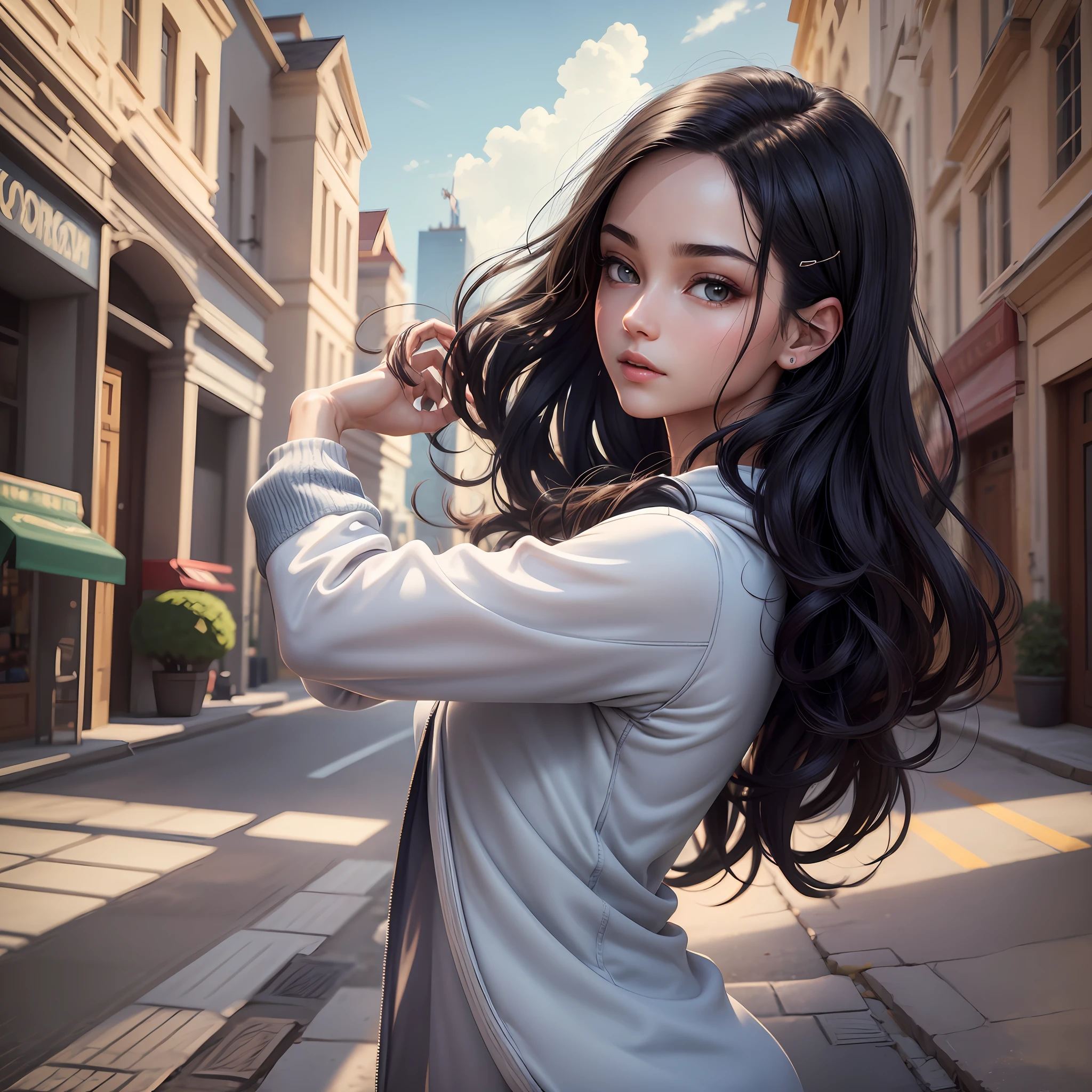 (Best Quality, Masterpiece, 8K, Ultra High Resolution, Realistic, Close-up, Photon Mapping, Teleportion, Physically Based Rendering: 1.2), (Beautiful Fine Face and Smooth Forehead and Long Black Hair and Messy Hair: 1.2), (Colored Clothes: 1.5), (Beautiful Face and Delicate Whitening of Face, Extremely Detailed 8K Color Clothes: 1.2), 1 Girl, Single, (Young), Detailed Face, Shiny Skin, Intricate Details, Look at the viewer. Wearing dry sweatshirts and tight sweatpants, the clothes and pants are partially made of elastic and breathable materials that fit the body perfectly, bringing great comfort and sports experience. Wear a pair of light sneakers. The overall dress is clean and neat, and healthy exercise adds vitality and fashion