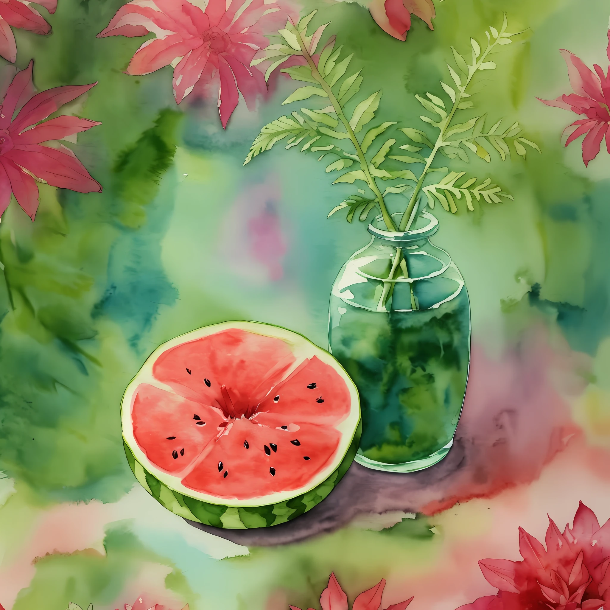 #3b4195 Beautiful flowers, watermelon, ferns, leaves, watercolor pattern in calm colors on color background. Watercolor paper texture. --auto --s2