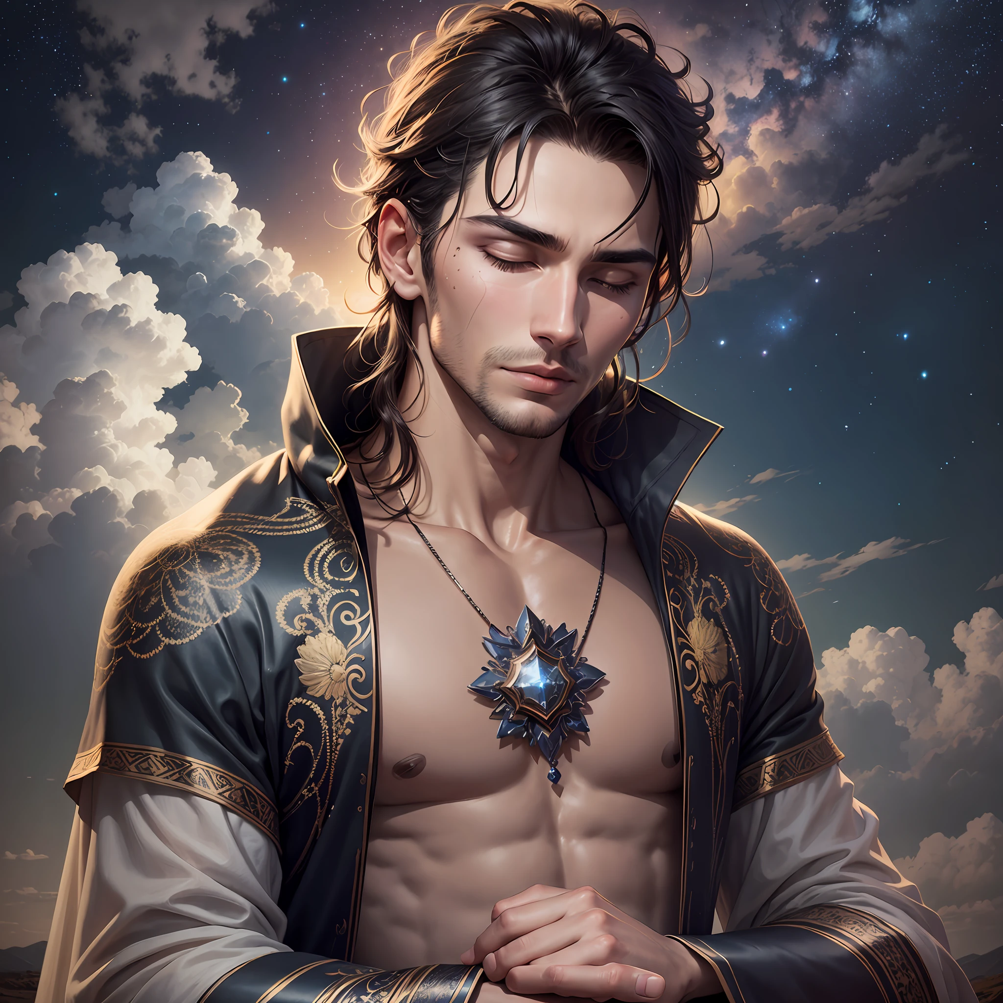 Beautiful man, meditating, in a beautiful landscape at night with a starry sky and with some clouds, perfect details on the face, good texture of skin, shade and perfect lights --auto --s2