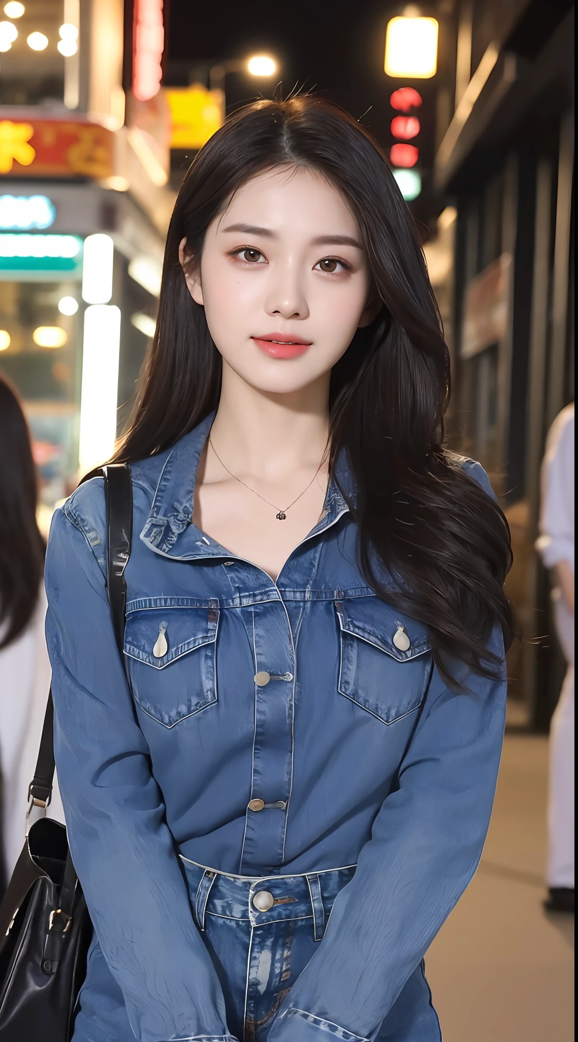 20 years old, pure beauty, danfeng eyes, double eyelids, lying silkworm, long eyelashes, black eyes, deep black hair, graceful body, exposed slender waist, casual shirt, new perfect denim, face highlight, smile, look at me, bust photo, background, city night scene, Tyndall light, filter rendering, super fine, HD, HD, HD picture quality, detail, 18k ultra HD resolution, top effects, master works, bust photos.