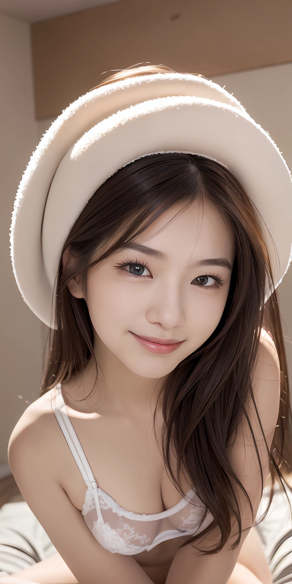 Top Quality, Face Focus, Soft Light, (Depth of Field), Ultra High Definition, (Photorealistic: 1.4), RAW Photo, (Portrait: 1.4), (Frontal) 1 Japan Girl, Solo, Cute, (Shy, Smile: 1.1), (Brown Eyes), Detailed Beautiful Face, (midi_hair), Sit on the Bed, (White Underwear), Full Body