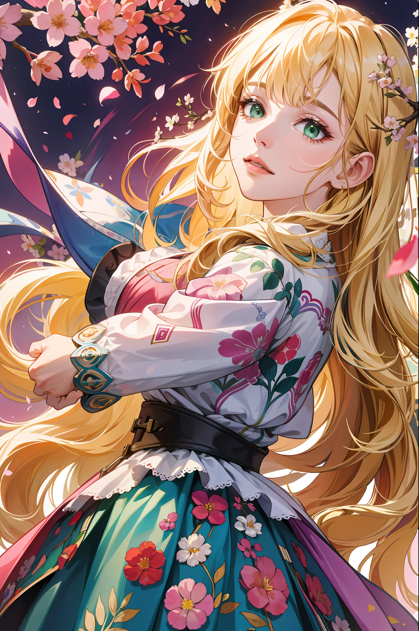 (absurdres, highres, ultra detailed), 1girl, mature female, wavy blonde hair, long hair, blunt bangs, green eyes, pink dress, finely detailed eyes and detailed face, extremely detailed CG unity 8k wallpaper, intricate details, BREAK , kaleidoscopic imagery, symmetrical patterns, vibrant colors, geometric shapes, mesmerizing designs, optical illusions, dynamic composition BREAK , pantomime art, expressive body language, silent storytelling, evocative gestures, visual narratives, theatrical performances BREAK , blooming flowers, colorful petals, fragrant scents, nature's bounty, vibrant gardens, peaceful scenery