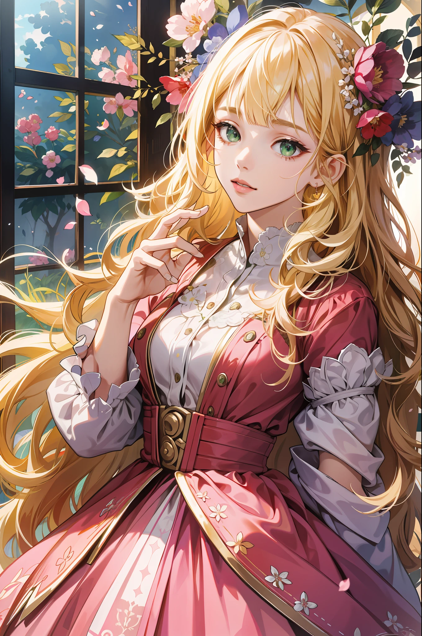 (absurdres, highres, ultra detailed), 1girl, mature female, wavy blonde hair, long hair, blunt bangs, green eyes, pink dress, finely detailed eyes and detailed face, extremely detailed CG unity 8k wallpaper, intricate details, BREAK , kaleidoscopic imagery, symmetrical patterns, vibrant colors, geometric shapes, mesmerizing designs, optical illusions, dynamic composition BREAK , pantomime art, expressive body language, silent storytelling, evocative gestures, visual narratives, theatrical performances BREAK , blooming flowers, colorful petals, fragrant scents, nature's bounty, vibrant gardens, peaceful scenery