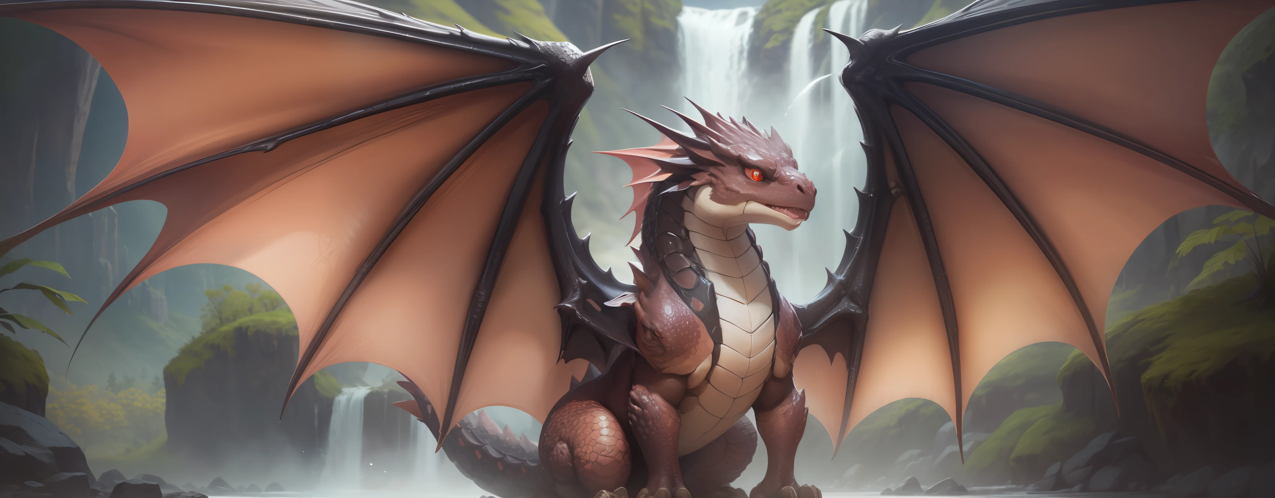 Mini dragon brown cute, majestic, perfect, symmetrical, no physical defects, dragon skin, dragon wings, big eyes, background mountain with waterfall, photorealistic, hyperrealistic, hyperdetailed, pokemon style, full body, sitting, detailed skin, matte skin, soft lighting, subsurface scattering, realistic, heavy shadow, masterpiece, best quality, ultra realistic, 8k, film photography, soft focus, super cute creature