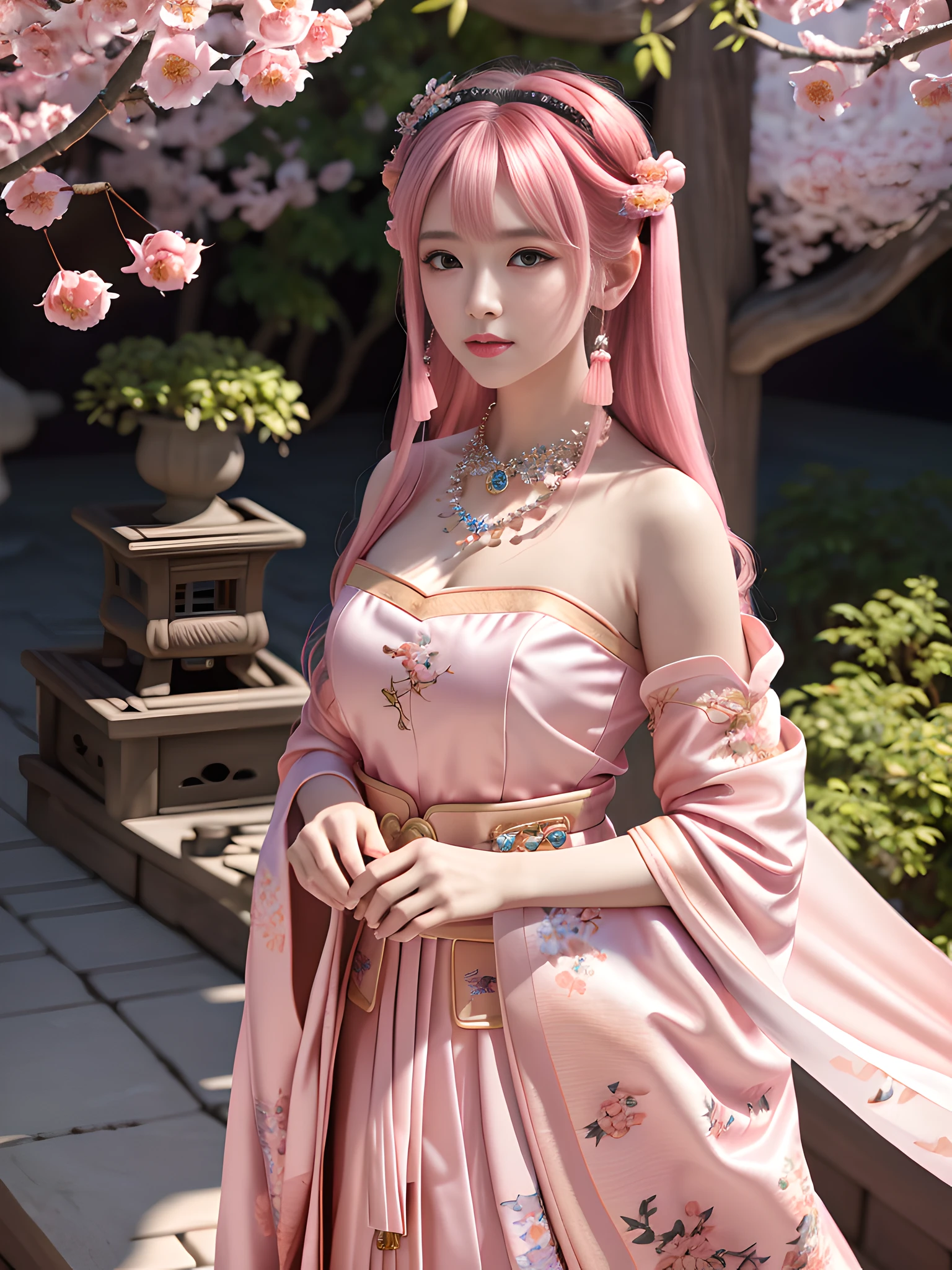 Best Quality, Masterpiece, High Resolution, 4K, 8K, Very Realistic, Real, Photography, Photo, 1girl, Solo, Mature and Beautiful Girl, Random Action, Facing the Audience, Exuding Charm, (Detailed Hanfu, Gorgeous Hanfu, Black Long Dress, Streamers), Bandeau, cleavage, leaky shoulders, (very detailed skin), beautiful Peugeot face, (big eyes, high detail eyes), blush, star pupils, high-detail eyelashes, pink hair, long hair, bangs, (beautiful hair accessories), necklaces, jewelry, Outdoor, courtyard, full of peach blossoms, rich background, light sense, 8K uhd, DSLR, soft light, high quality
