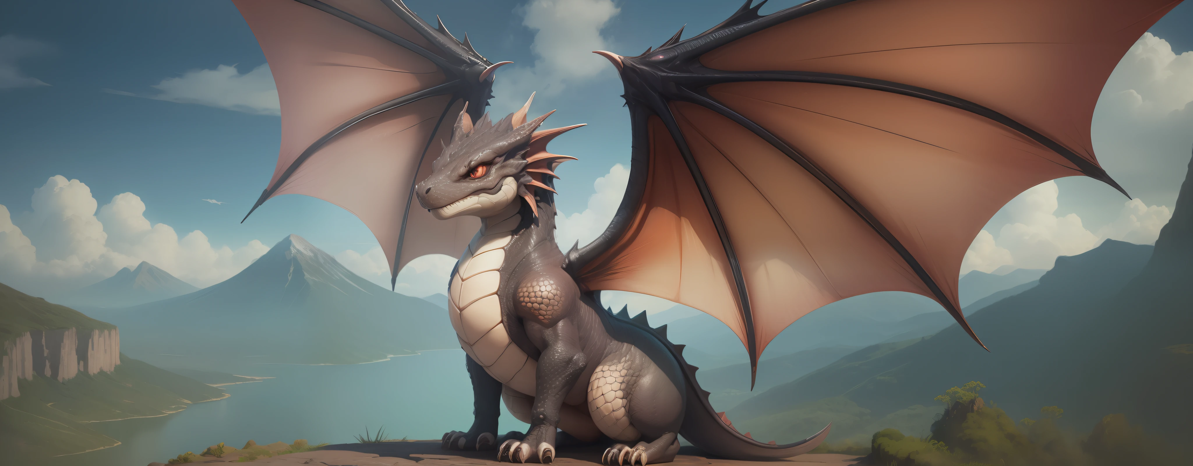 Mini dragon brown cute, majestic, perfect, symmetrical, no physical defects, dragon skin, dragon wings, big eyes, background mountain with waterfall, photorealistic, hyperrealistic, hyperdetailed, pokemon style, full body, sitting, detailed skin, matte skin, soft lighting, subsurface scattering, realistic, heavy shadow, masterpiece, best quality, ultra realistic, 8k, film photography, soft focus, super cute creature