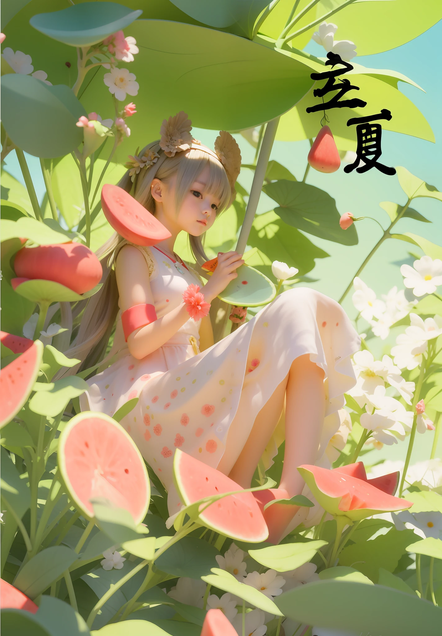 anime girl sitting on a tree with watermelon slices in her hand, by Zhou Fang, by Yang J, a beautiful artwork illustration, by Li Song, by Shitao, by Zeng Jing, guweiz, by Zhou Chen, goddess of summer, the goddess of summer, by Li Fangying, artwork in the style of guweiz, by Yu Zhiding, little girl, watermelon, mint, lime, light green, rich and saturated colors, delicate details, exaggerated technique, hyper detail, 16K