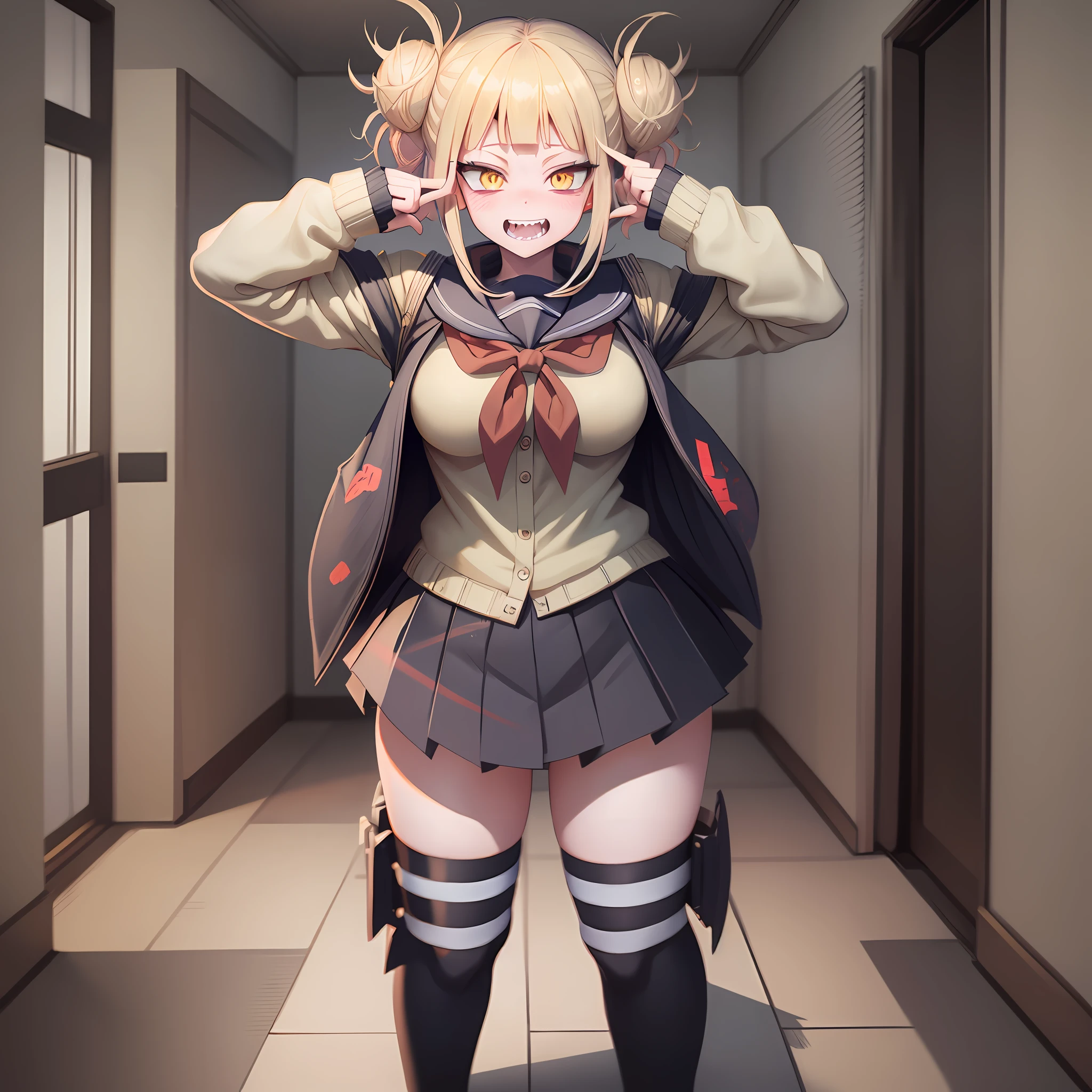 2d, masterpiece, best quality, anime, highly detailed face, highly detailed eyes, highly detailed background, perfect lighting, full body, 1girl, solo, Himiko Toga, Boku no Hero Academia, blonde hair, psychopath, cute, kawaii, yandere, sharp teeth, standing, bedroom