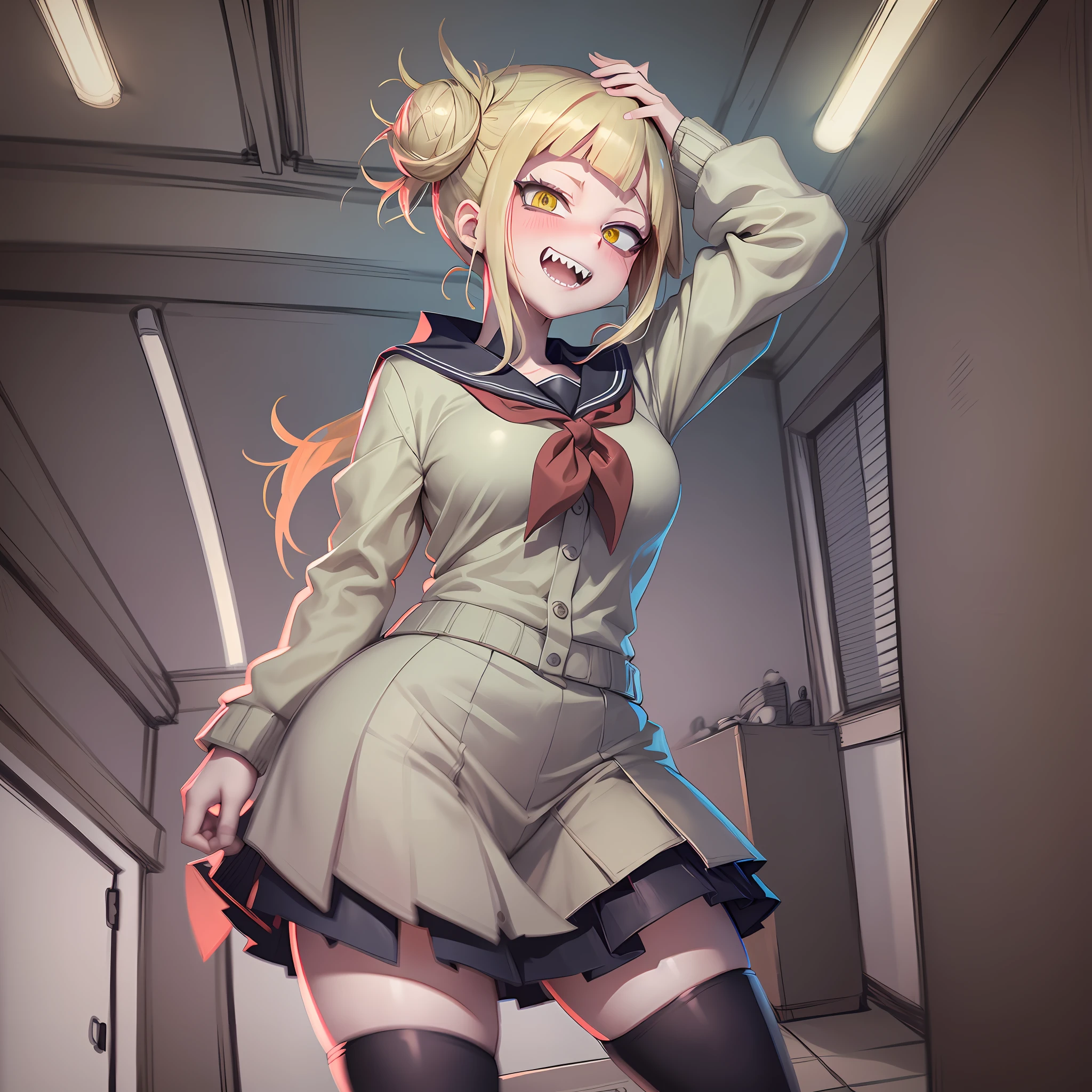 2d, masterpiece, best quality, anime, highly detailed face, highly detailed eyes, highly detailed background, perfect lighting, full body, 1girl, solo, Himiko Toga, Boku no Hero Academia, blonde hair, psychopath, cute, kawaii, yandere, sharp teeth, standing, bedroom