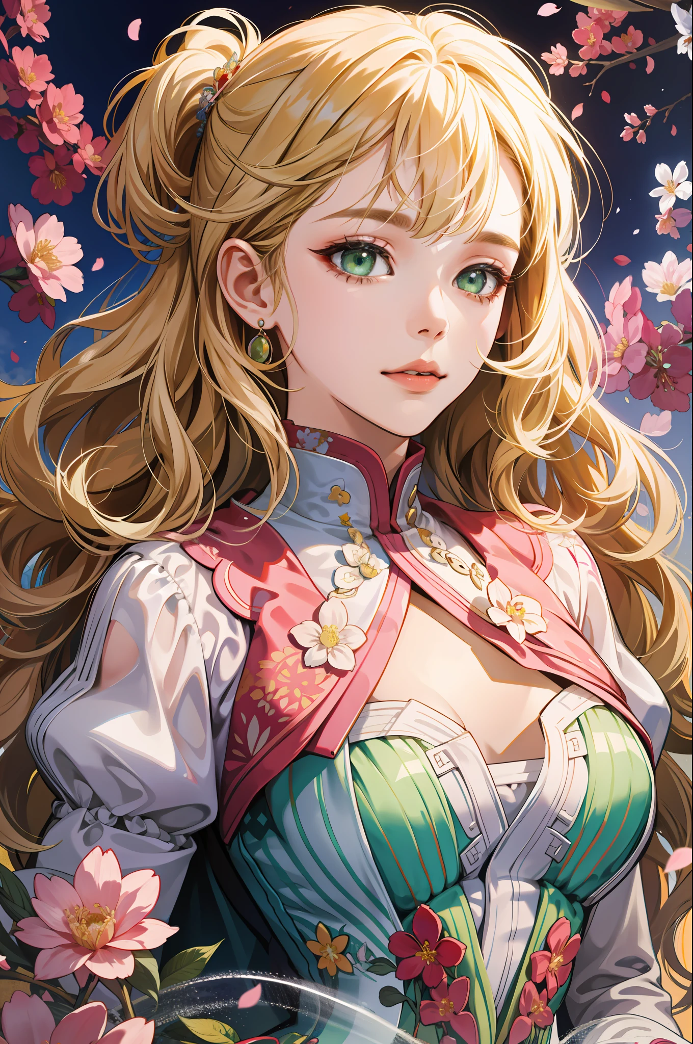 (absurdres, highres, ultra detailed), 1girl, mature female, wavy blonde hair, long hair, blunt bangs, green eyes, pink dress, finely detailed eyes and detailed face, extremely detailed CG unity 8k wallpaper, intricate details, BREAK , kaleidoscopic imagery, symmetrical patterns, vibrant colors, geometric shapes, mesmerizing designs, optical illusions, dynamic composition BREAK , pantomime art, expressive body language, silent storytelling, evocative gestures, visual narratives, theatrical performances BREAK , blooming flowers, colorful petals, fragrant scents, nature's bounty, vibrant gardens, peaceful scenery