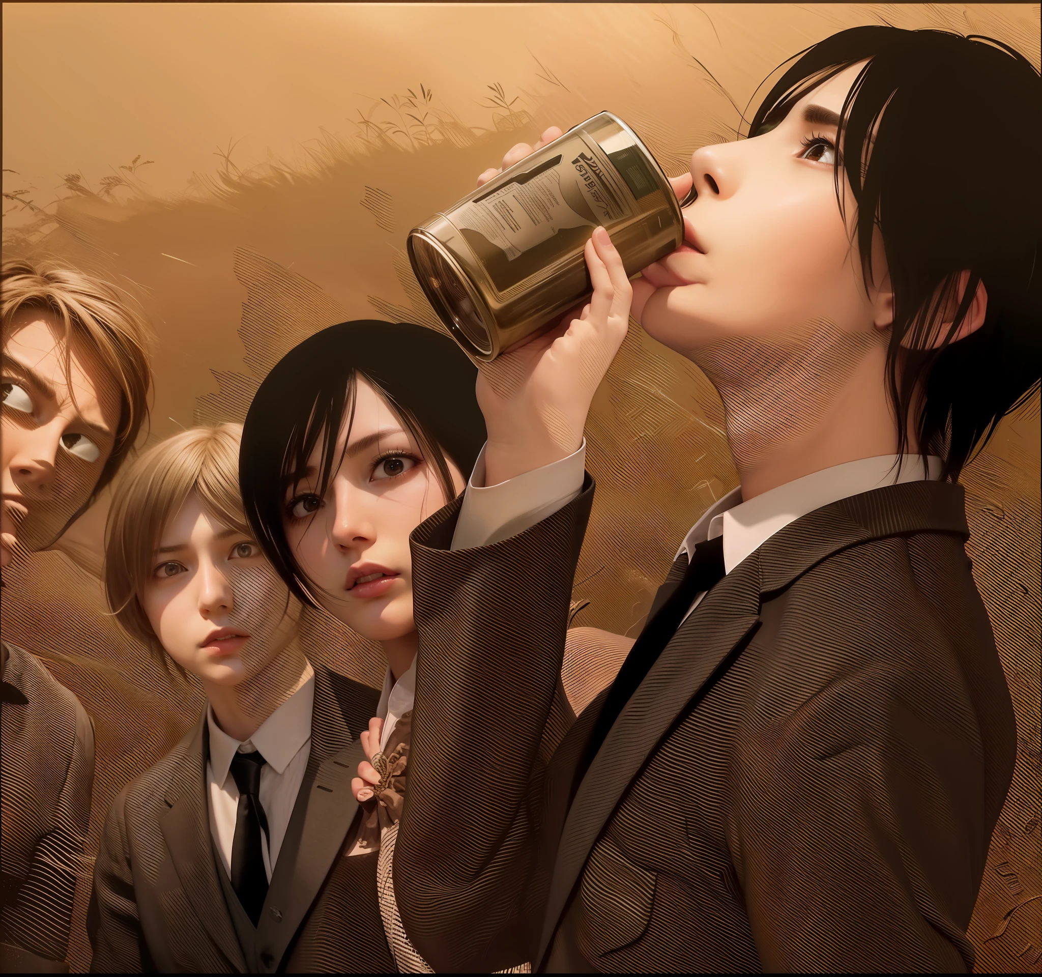 best quality, masterpiece, (realistic: 1.2), real life, live action, aot, Eren Jaeger, Mikasa Ackerman, walking, suit, night background, drinking