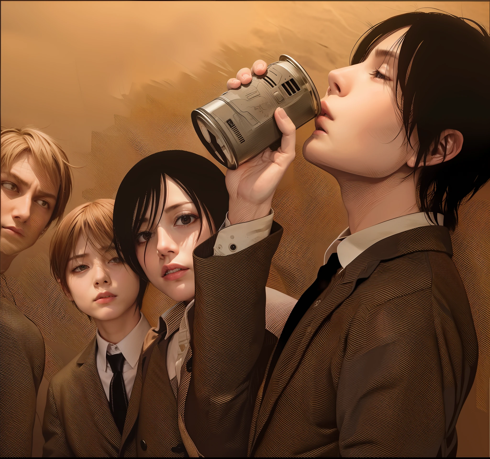 best quality, masterpiece, (realistic: 1.2), real life, live action, aot, Eren Jaeger, Mikasa Ackerman, walking, suit, night background, drinking