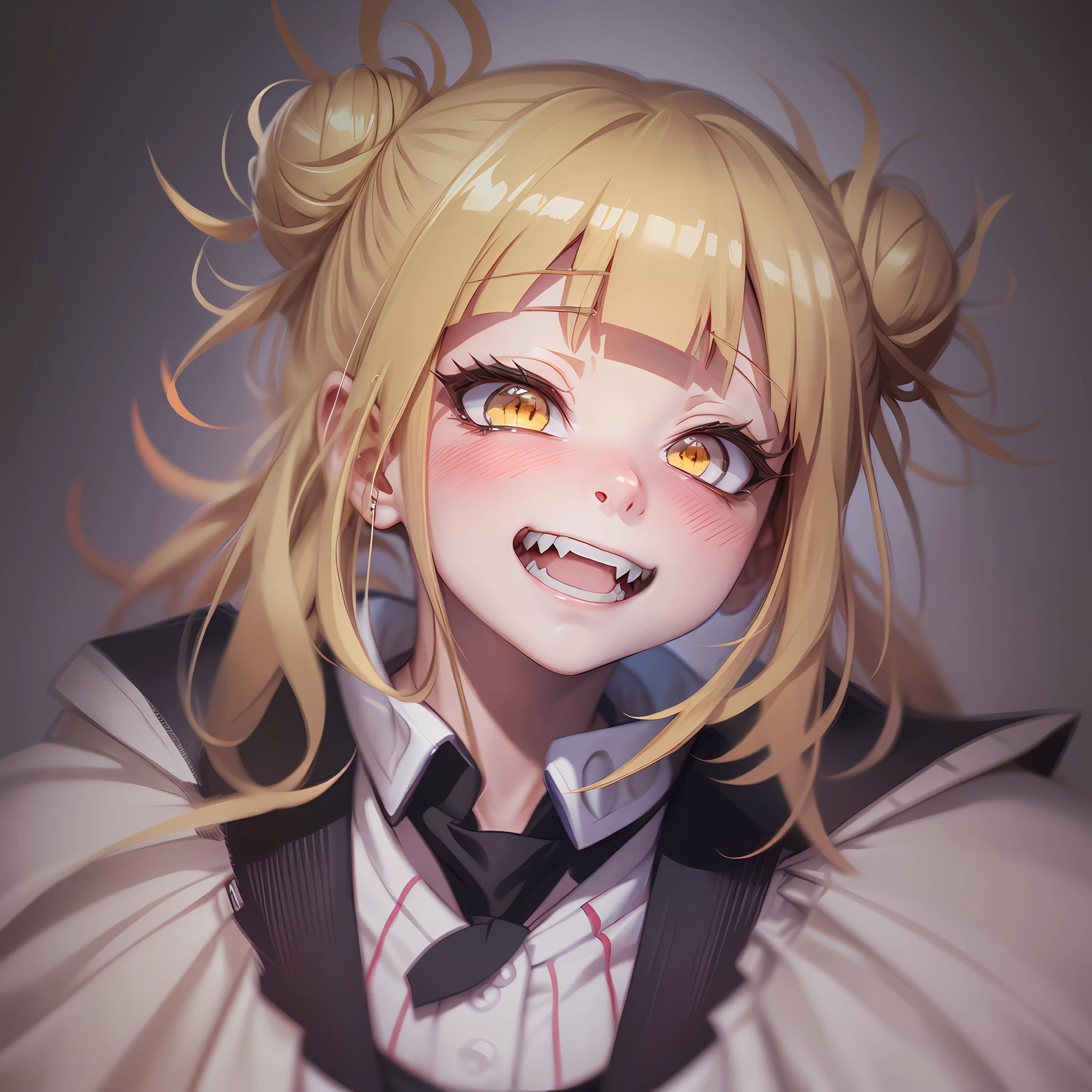 2d, masterpiece, best quality, anime, highly detailed face, highly detailed eyes, highly detailed background, perfect lighting, full body, 1girl, solo, Himiko Toga, Boku no Hero Academia, blonde hair, psychopath, cute, kawaii, yandere, sharp teeth, standing, bedroom