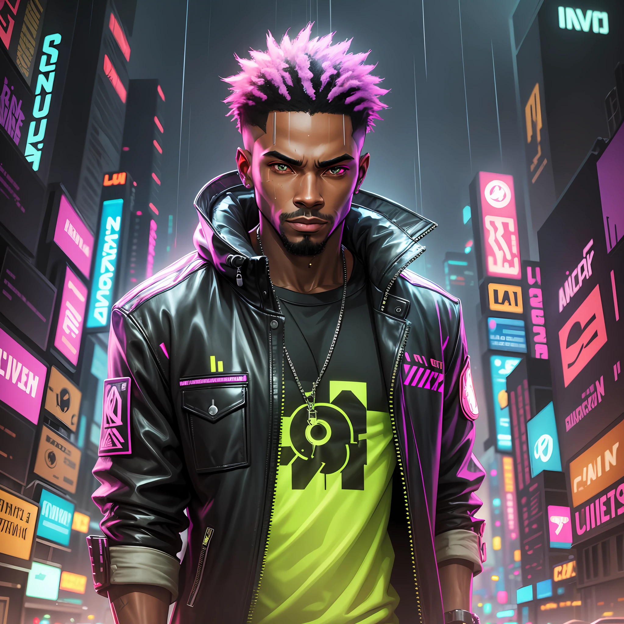 Digital drawing of black man drawn in shaded cell, fursona, rainy neon cyberpunk scenery, anthro, wearing cyberpunk jacket 2 0 7 7, detailed face, nvinkpunk, snthwve style --auto --s2
