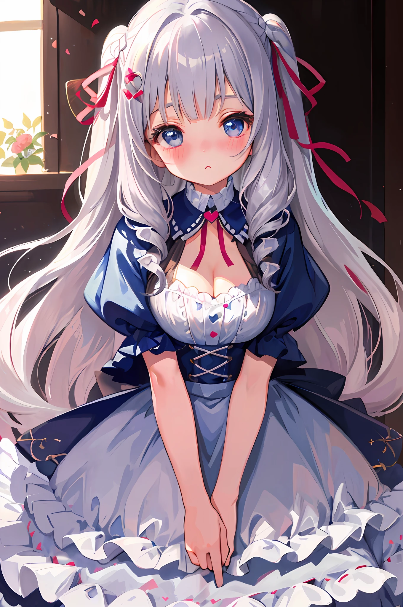 (((Masterpiece))), top quality, super detailed, blush, cute and playful, cute outfit, ribbon, cleavage, silver hair, fluffy hairstyle, huge, heart-blowing eyes, loli, little girl, sweet look.