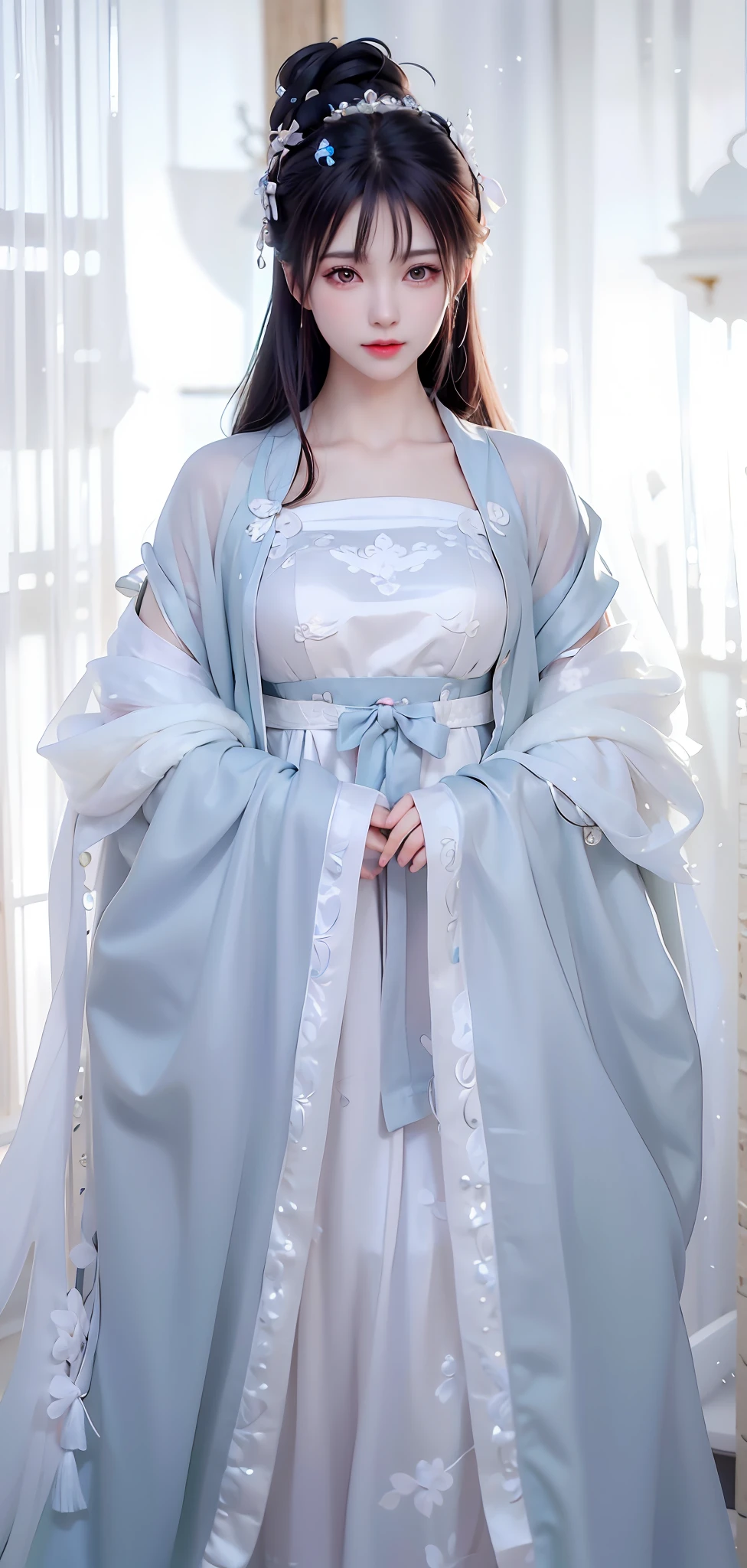 [:(High detail face: 1.2):0.1], (8k, RAW photo, best quality, mastery:1.2), (realistic, photo-realistic:1.37), (((back))),((upper body) ), Best Quality, HDR, Cinematic Lighting, Natural Lighting, Best Quality, Masterpiece, High Resolution, 1girl, Porcelain Dress, Hair Accessories, Necklace, Jewelry, Beautiful Face, Physically, Tyndall Effect, Realistic, dark studio, edge lighting, duotone lighting, 8k uhd, dslr, soft light, high quality, volumetric lighting, photo, high resolution, 4k, 8k, bokeh, ((hanfu)),