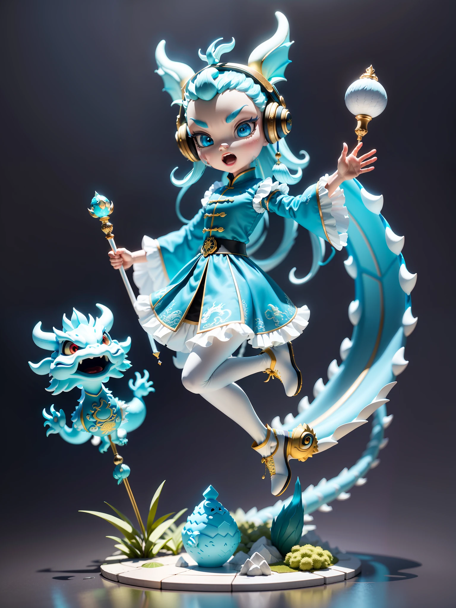 (Masterpiece), (Excellent), (Ultra Meticulous), (Full Body: 1.2), (Solitary), Cyan Theme, Chinese Dragon Magician, Exquisite Chinese Dragon Head Head, Dragon Horn, Dragon Whiskers, Cute, Open Mouth, Headphones, Dragon Scales, Staff, Popmart Blind Box, Clay Texture, Stepping on Earth, Black and White Background, Natural Light, Best Quality, Ultra Detail, 3D Art, C4D, OC Renderer, 3D Rendering, 8K
