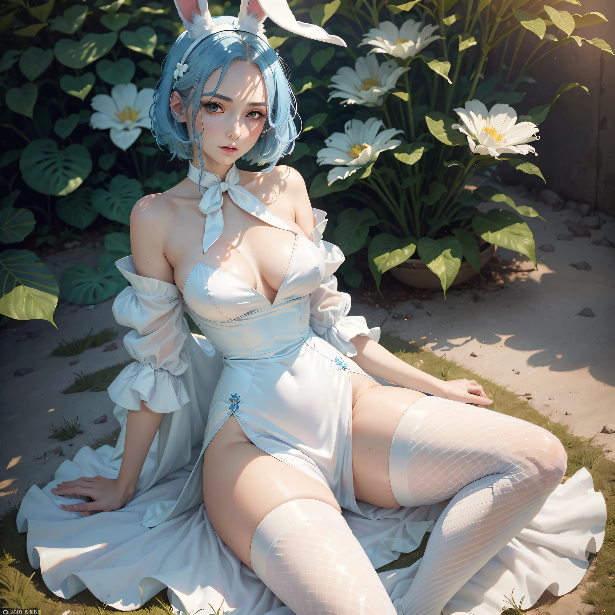 (Best quality, high resolution, masterpiece: 1.3), a tall perfect woman with a slender figure, (short sky blue hair, bunny girl in white clothes), dressed sexy and exposed, in the grass, details of face and skin texture beautifully presented, detailed eyes, double eyelids, sexy pose, realistic, leaky half breast ball, full body shot --auto --s2