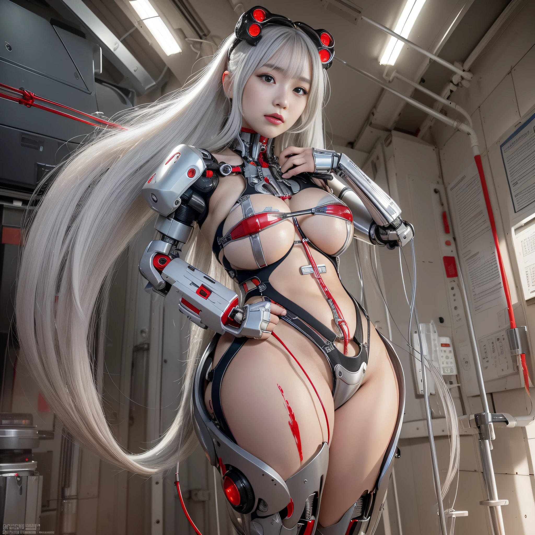 Beautiful Face,Face is Japan, 1 Woman, Big, Curvaceous, (8k, RAW Photo, Best Quality, Masterpiece: 1.2), (HDR, Realistic, Photorealistic: 1.37) (Blood vessel attached to tube), (Bikini Cyborg Robot Parts)))), (Light Grey Hair), Long Hair, Wavy Hair, Twin Tails, Medium Shot, ( Seductive smile)), (black eyes), princess cut,from below,(whole body),posing,,inside the lab,( blood vessel connected to a tube),((mechanical vertebrae attached to the back)),((mechanical neck attached to the neck)),(wire cable attached to the head and body),(character focus),science fiction,perfect female figure,perfect anatomy,ultraanatomy, Full body shot,