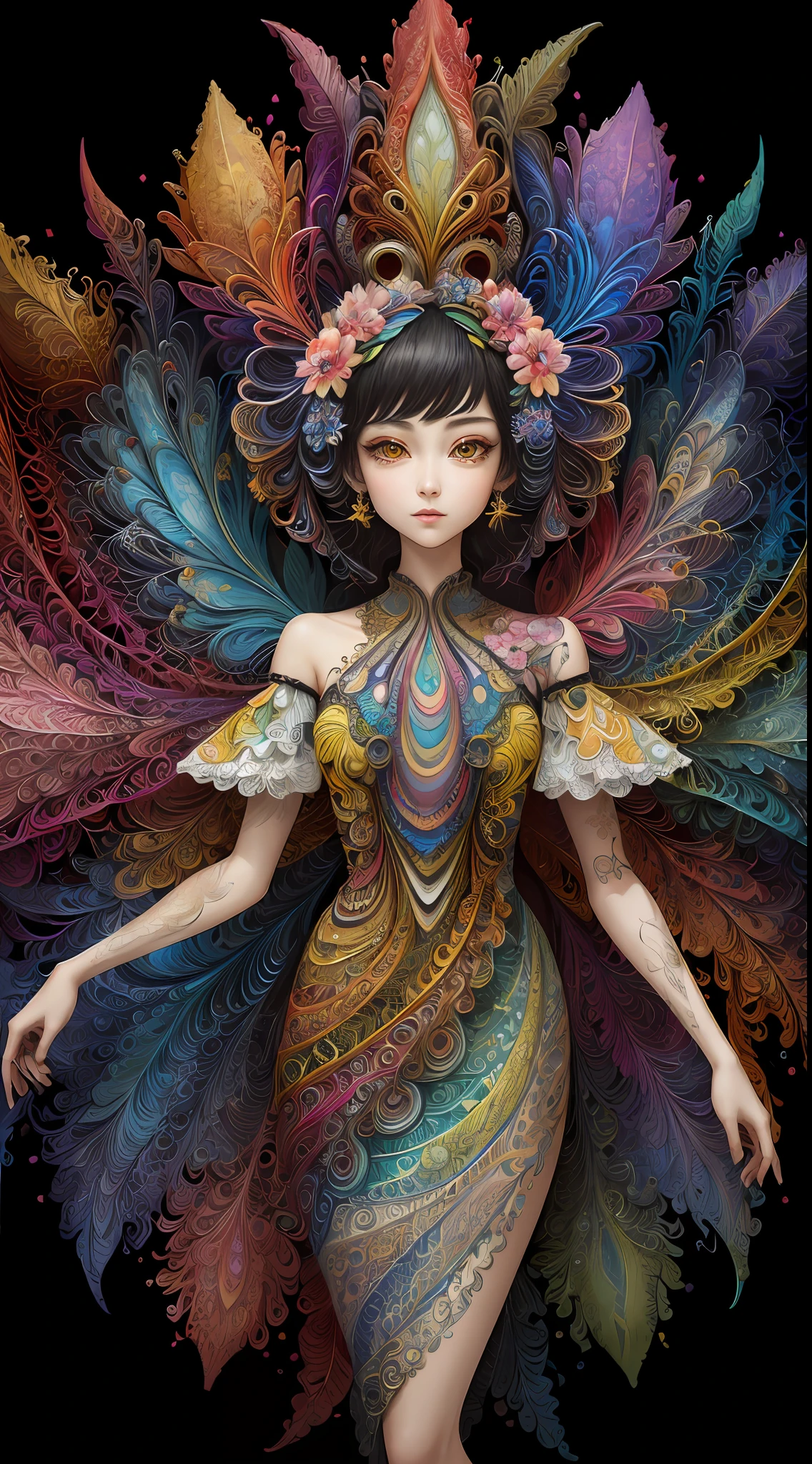 (masterpiece, top quality, best quality, official art, beautiful and aesthetic:1.2), (1girl:1.3), extremely detailed,(fractal art:1.2),colorful,highest detailed,(zentangle:1.2), (dynamic pose), (abstract background:1.5), (treditional dress:1.2), (shiny skin), (many colors:1.4), upper body, masterpiece, best quality,high quality,highres, 16K,RAW,ultra highres,ultra details,finely detail,an extremely delicate and beautiful,extremely detailed,real shadow, anime,highly detailed painted,award winning glamour paintting,wonderful paintting,art style,stylized,