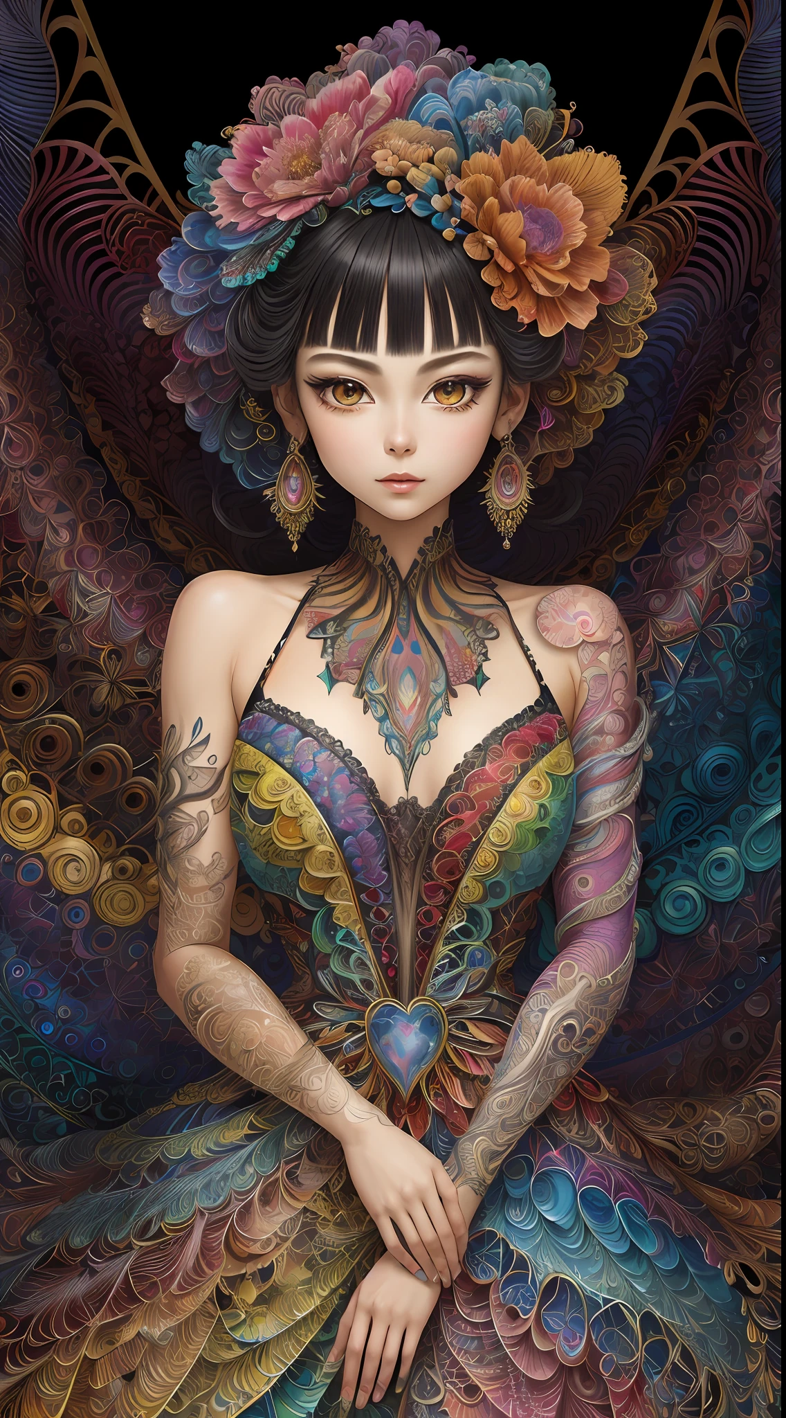 (masterpiece, top quality, best quality, official art, beautiful and aesthetic:1.2), (1girl:1.3), extremely detailed,(fractal art:1.2),colorful,highest detailed,(zentangle:1.2), (dynamic pose), (abstract background:1.5), (treditional dress:1.2), (shiny skin), (many colors:1.4), upper body, masterpiece, best quality,high quality,highres, 16K,RAW,ultra highres,ultra details,finely detail,an extremely delicate and beautiful,extremely detailed,real shadow, anime,highly detailed painted,award winning glamour paintting,wonderful paintting,art style,stylized,