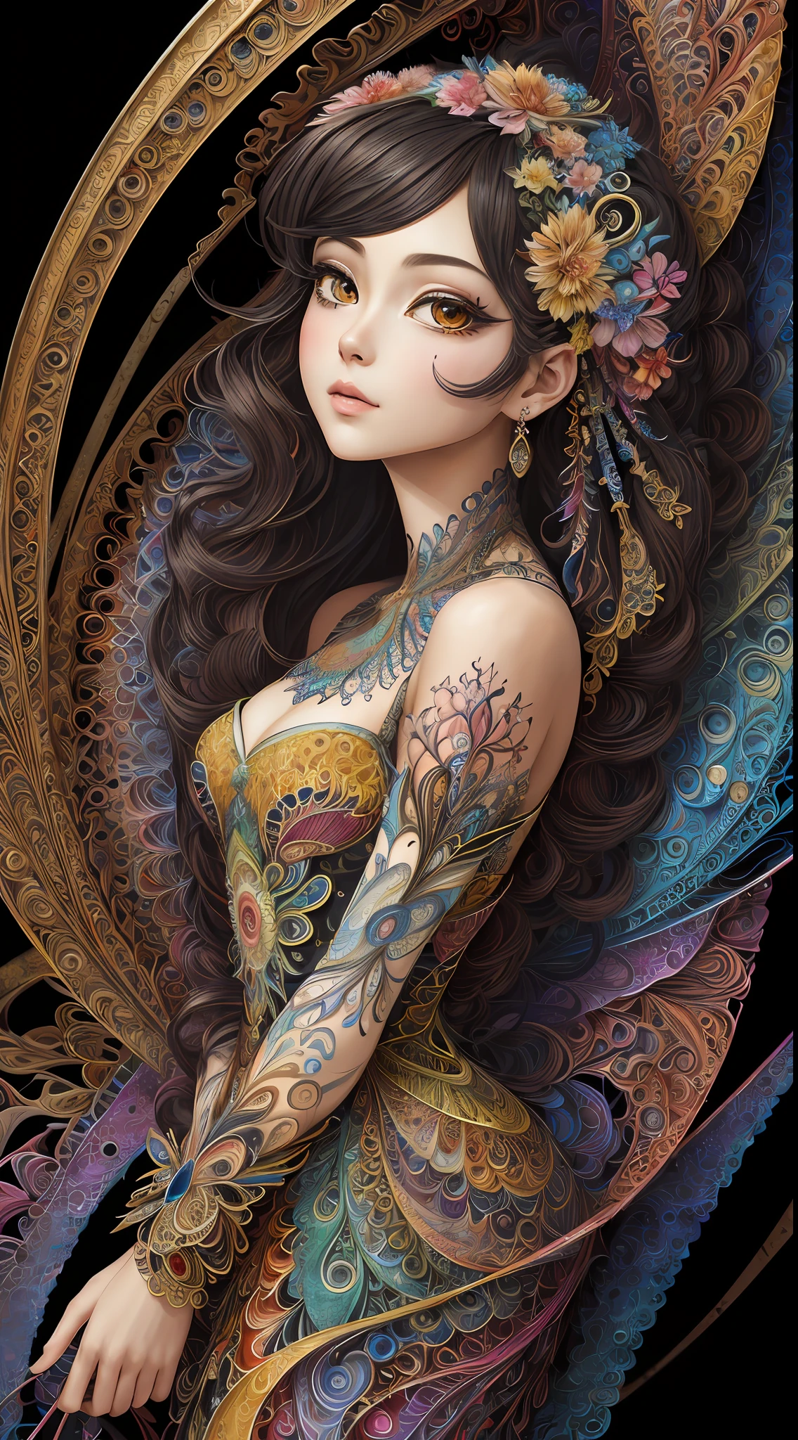 (masterpiece, top quality, best quality, official art, beautiful and aesthetic:1.2), (1girl:1.3), extremely detailed,(fractal art:1.2),colorful,highest detailed,(zentangle:1.2), (dynamic pose), (abstract background:1.5), (treditional dress:1.2), (shiny skin), (many colors:1.4), upper body, masterpiece, best quality,high quality,highres, 16K,RAW,ultra highres,ultra details,finely detail,an extremely delicate and beautiful,extremely detailed,real shadow, anime,highly detailed painted,award winning glamour paintting,wonderful paintting,art style,stylized,