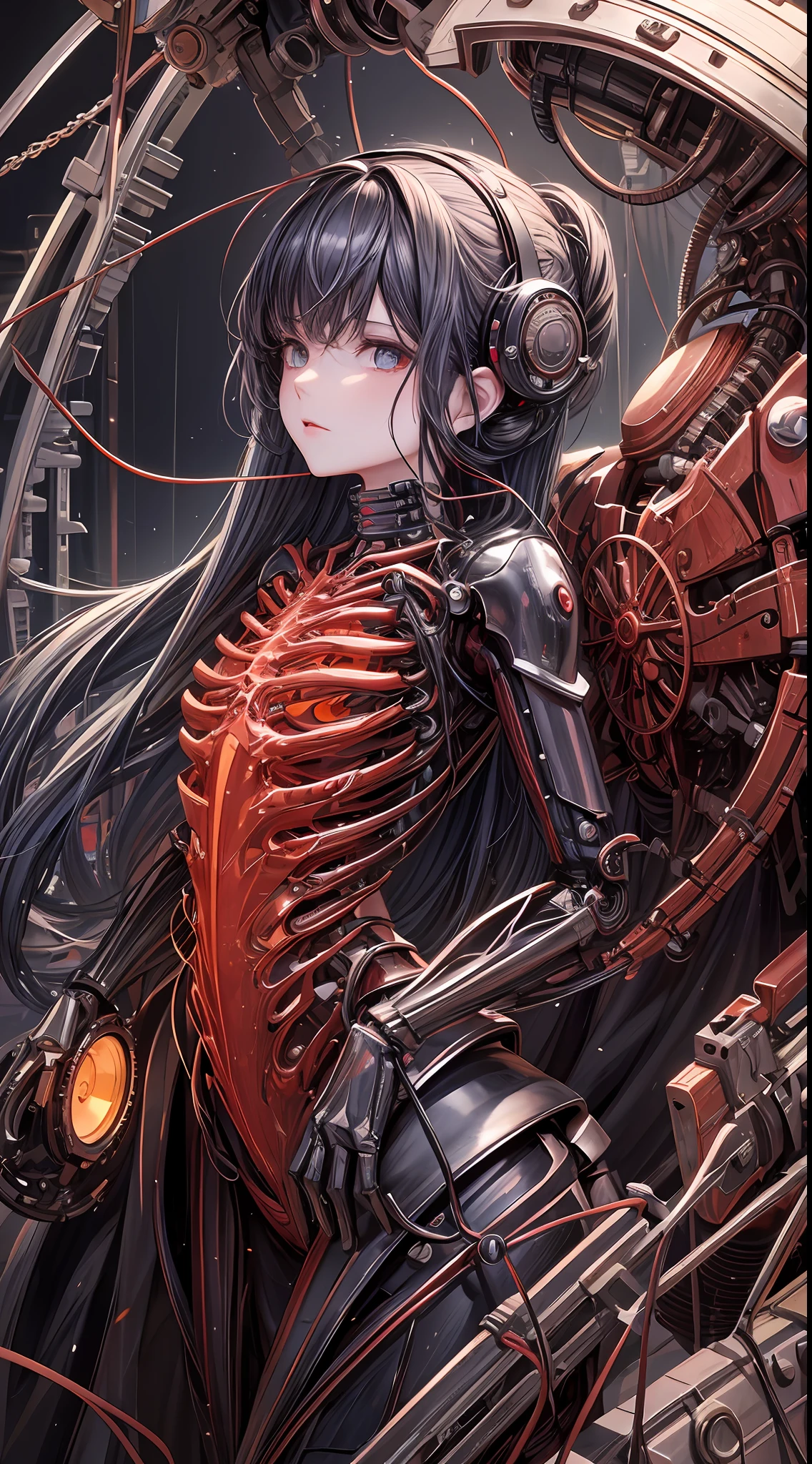 (((Masterpiece))), ((Best Quality)), (Super Detail), (CG Illustration), (Very Evil and Beautiful)), Cinematic Light, ((1 Mechanical Girl)), Single, (Mechanical Art: 1.4), ((Mechanical limb)), (Blood vessel attached to a tube), ((Mechanical spine attached to the back)), ((Mechanical cervical vertebrae attached to the neck), (Back to the viewer)), expressionless, ( Wires and cables attached to the head and body: 1.5), Science Fiction, Apocalypse, Ruins, (Lower Body Integrated with Mechanical Devices), (Blood: 1.5), Cruelty, Absurdity, Eroticism, Fusion with Machines, Doomsday Time, Super Future, Inorganic, Laboratory, Restraint, (Beautiful Indulgence: 1.2), (1 Girl: 1.3), Body Wrapped Around Mechanical Tentacles