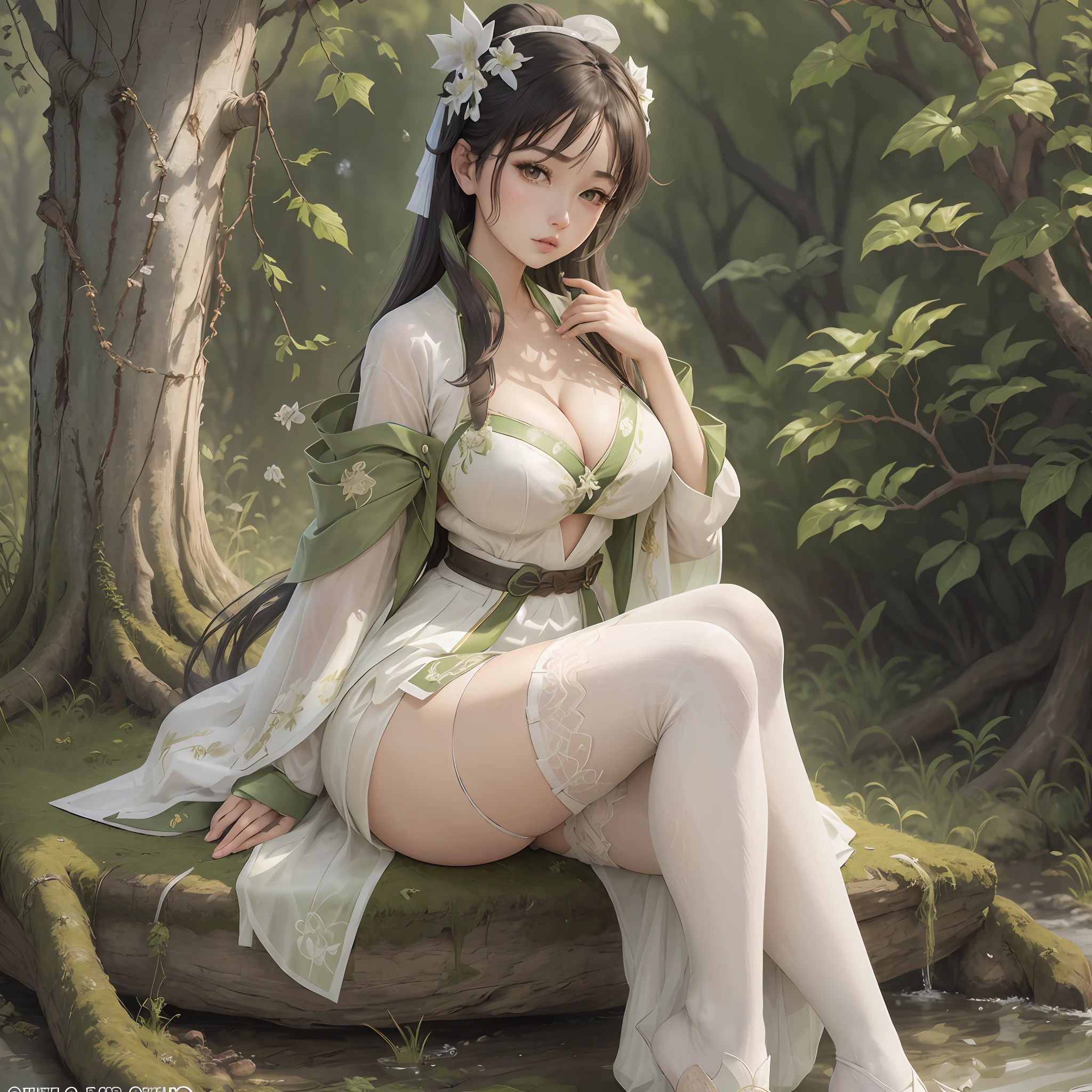 Genshin, Nasida, solo, full body photo, best quality, super high resolution, 2D, masterpiece, sitting on a branch looking into the distance, bare feet, white stockings, white green wrap skirt, busty boobs, openwork clothes, cleavage cutout, breasts, cleavage, facial flushing, stroking --auto --s2