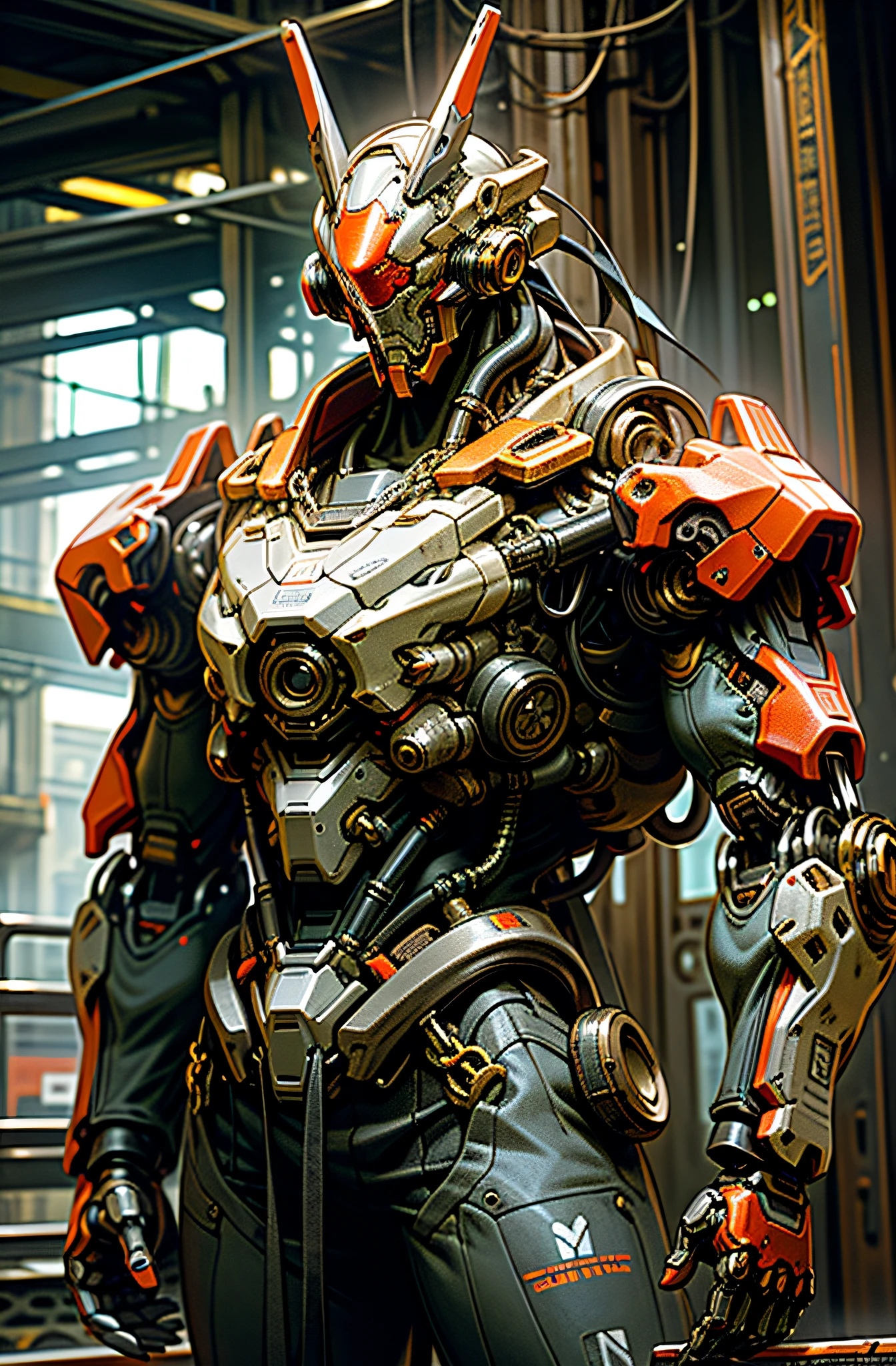 Dark_Fantasy,Cyberpunk,(chain saw,chain saw man,Red:1.1),1man,Mechanical marvel,Robotic presence,Cybernetic guardian, wearing a worn-out mech suit, intricate, (steel metal [rusty]), elegant, clear focus, shot by greg rutkowski, soft lighting, vibrant colors, masterpiece, ((street)), cowboy shot, dynamic pose,