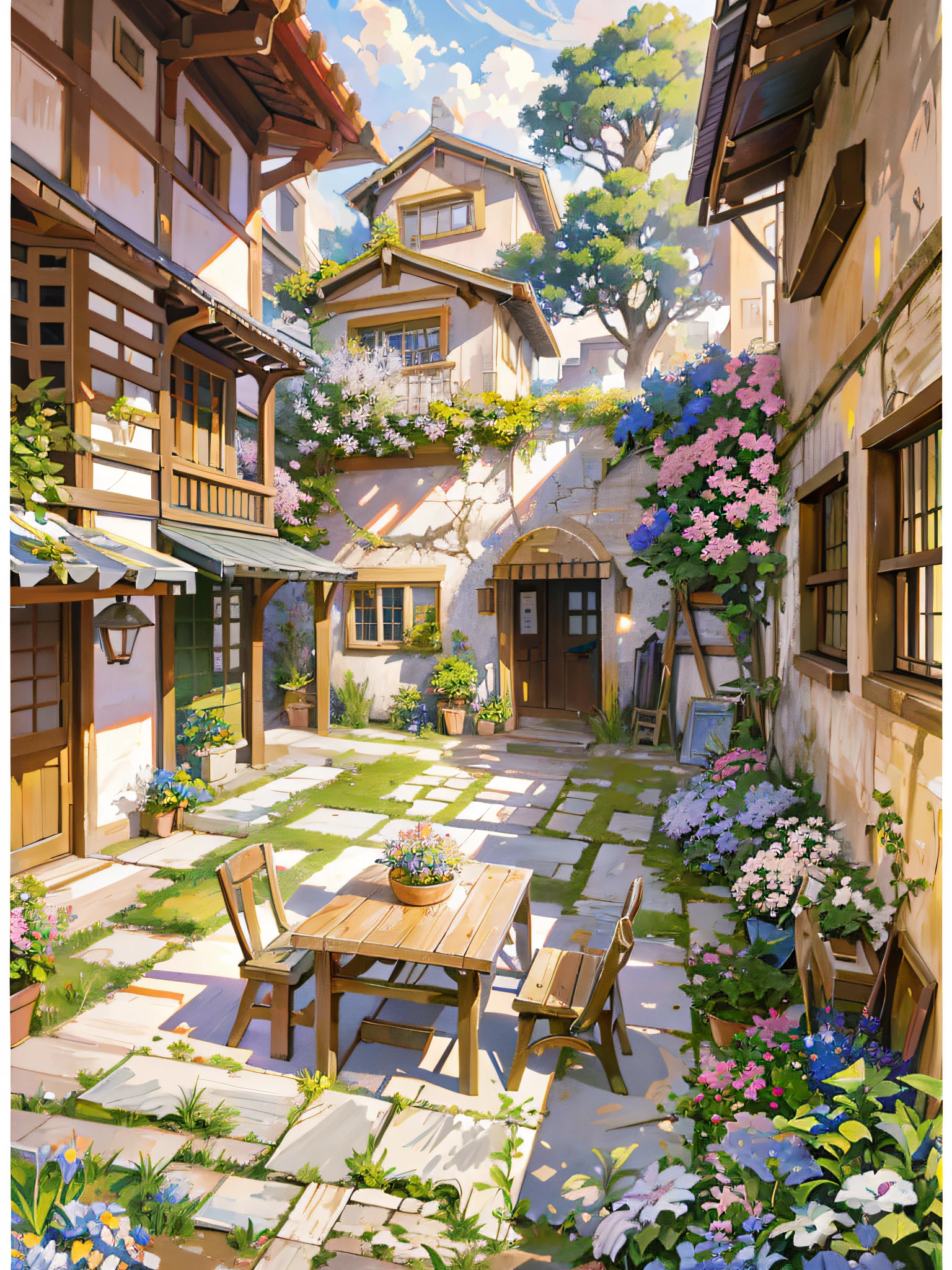 painting of a courtyard with a table and chairs and a bench, anime background art, relaxing concept art, anime scenery concept art, immensely detailed scene, a beautiful artwork illustration, detailed scenery —width 672, studio ghibli environment, highly detailed scene, environment design illustration, beautiful anime scene, ghibli studio style, anime scenery, detailed soft painting, environment painting