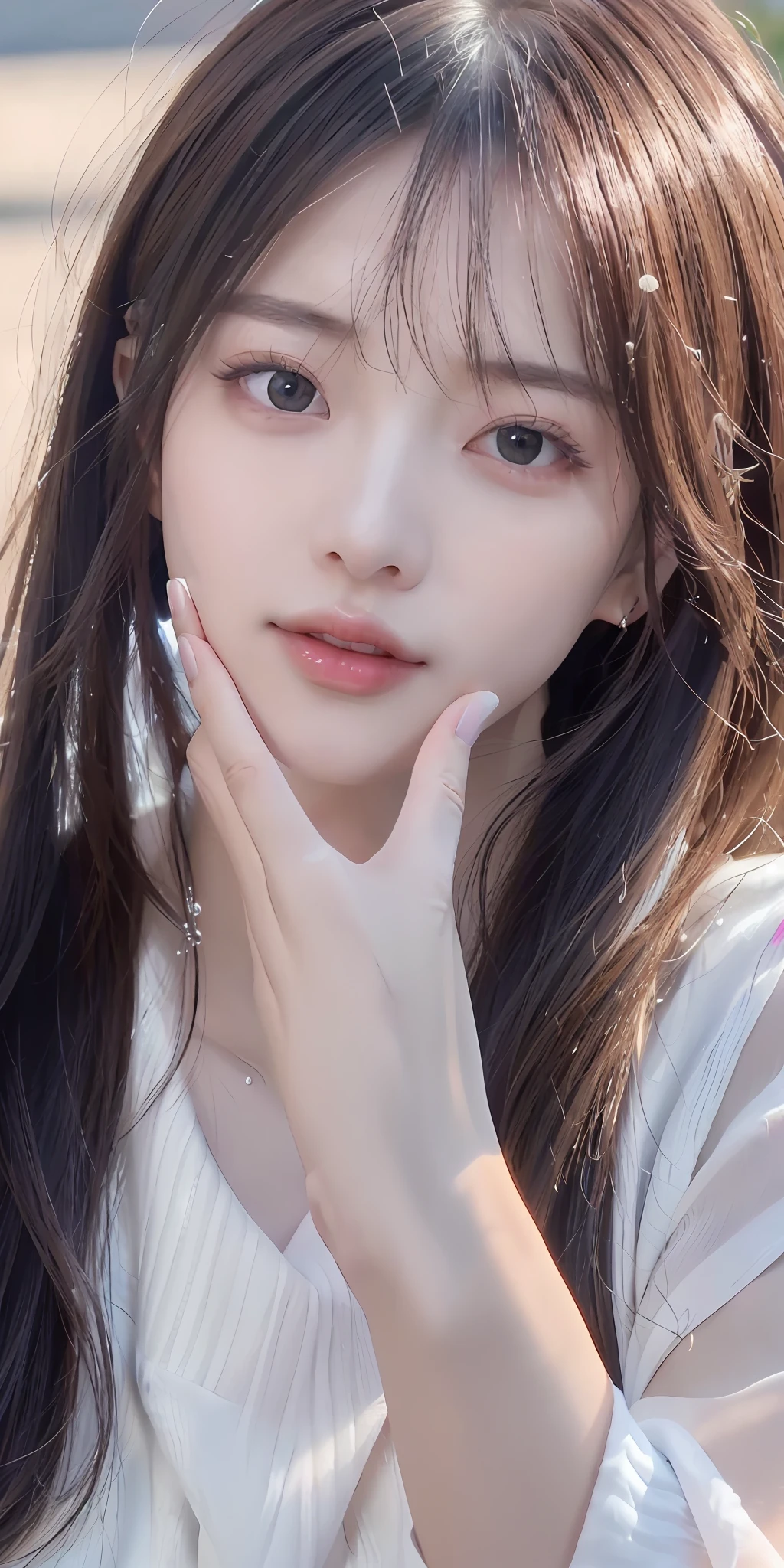 (8k, RAW Photo, Photorealistic: 1.25), (Lip Gloss, Eyelashes, Glossy Face, Shiny Skin, Best Quality, Ultra High Resolution, Depth of Field, Chromatic Aberration, Caustics, Wide Lighting, Natural Shading, Kpop Idol) Viewer sees a calm, goddess-like euphoria and full body