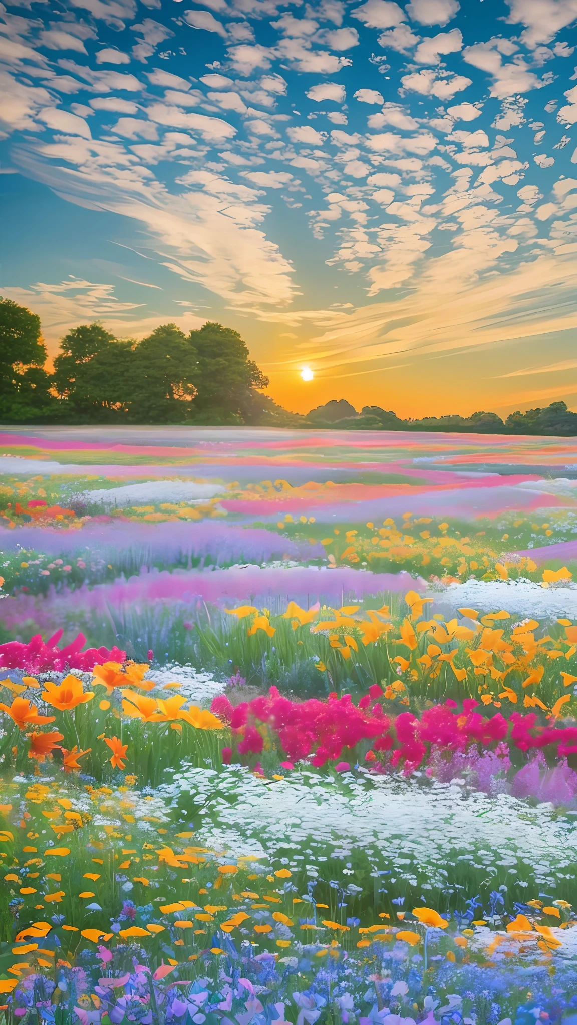 a field of flowers with a sunset in the background, field of fantasy flowers, field of flowers, fields of flowers, flower field, field of flowers background, an aesthetic field of flowers, field of wild flowers, flower fields, field of mixed flowers, with flower fields as foreground, flowerfield, meadow with flowers, in a field of flowers, extraordinary colorful landscape