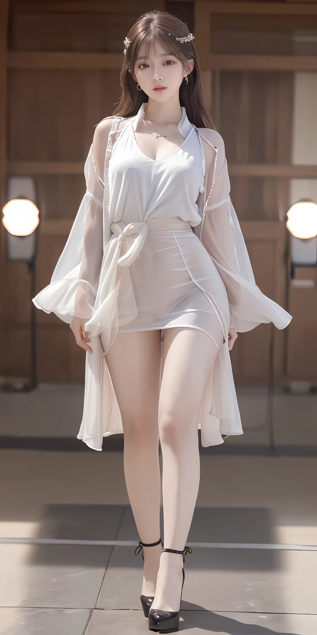 (8k, RAW Photo, Photorealistic: 1.25), (Lip Gloss, Eyelashes, Glossy Face, Shiny Skin, Best Quality, Ultra High Resolution, Depth of Field, Chromatic Aberration, Caustics, Wide Lighting, Natural Shading, Kpop Idol) Viewer sees a calm, goddess-like euphoria and full body