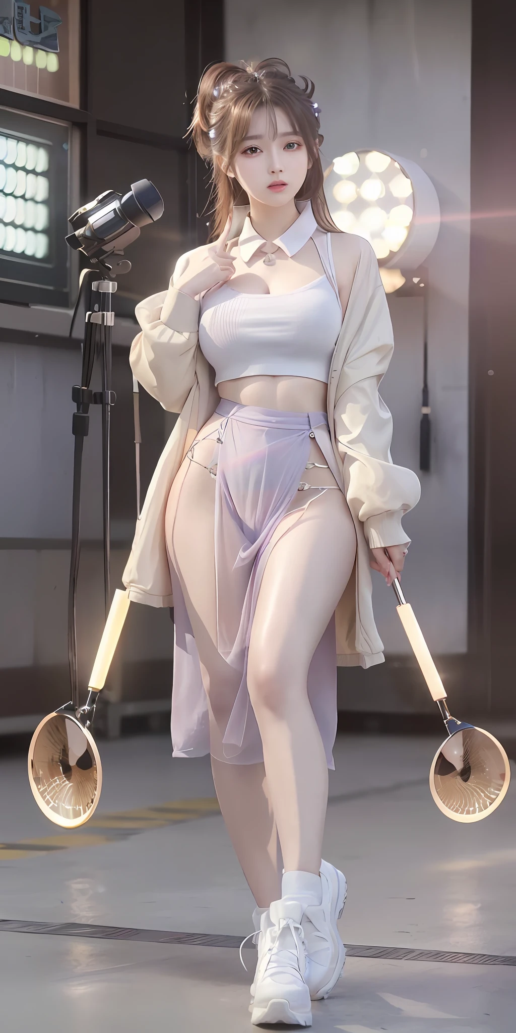 (8k, RAW Photo, Photorealistic: 1.25), (Lip Gloss, Eyelashes, Glossy Face, Shiny Skin, Best Quality, Ultra High Resolution, Depth of Field, Chromatic Aberration, Caustics, Wide Lighting, Natural Shading, Kpop Idol) Viewer sees a calm, goddess-like euphoria and full body