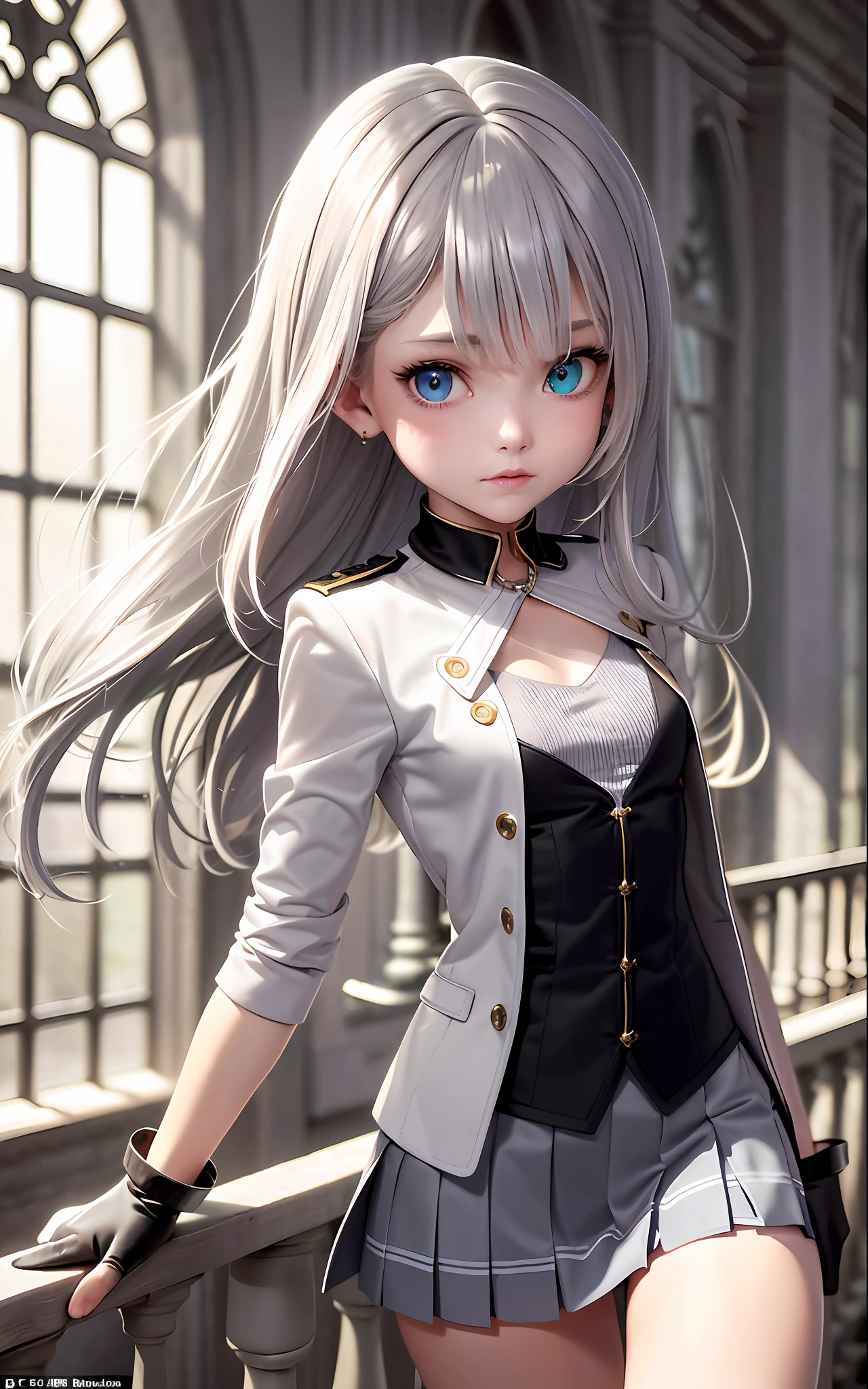 Superb Make, High Resolution, Best Quality, UHD, Super Detail, Award-Awarded, 16k, (Upper Body), A Beautiful Maiden, Gray Hair, Hair, ((Heterochromia)), Hanging Corners, Fair Skin, (Small Breasts), (Slim Body), (Student Uniform Including Full-chested Jacket and Short Skirt)), (Neck Ring), (Short Gloves as Short as Half a Palm)