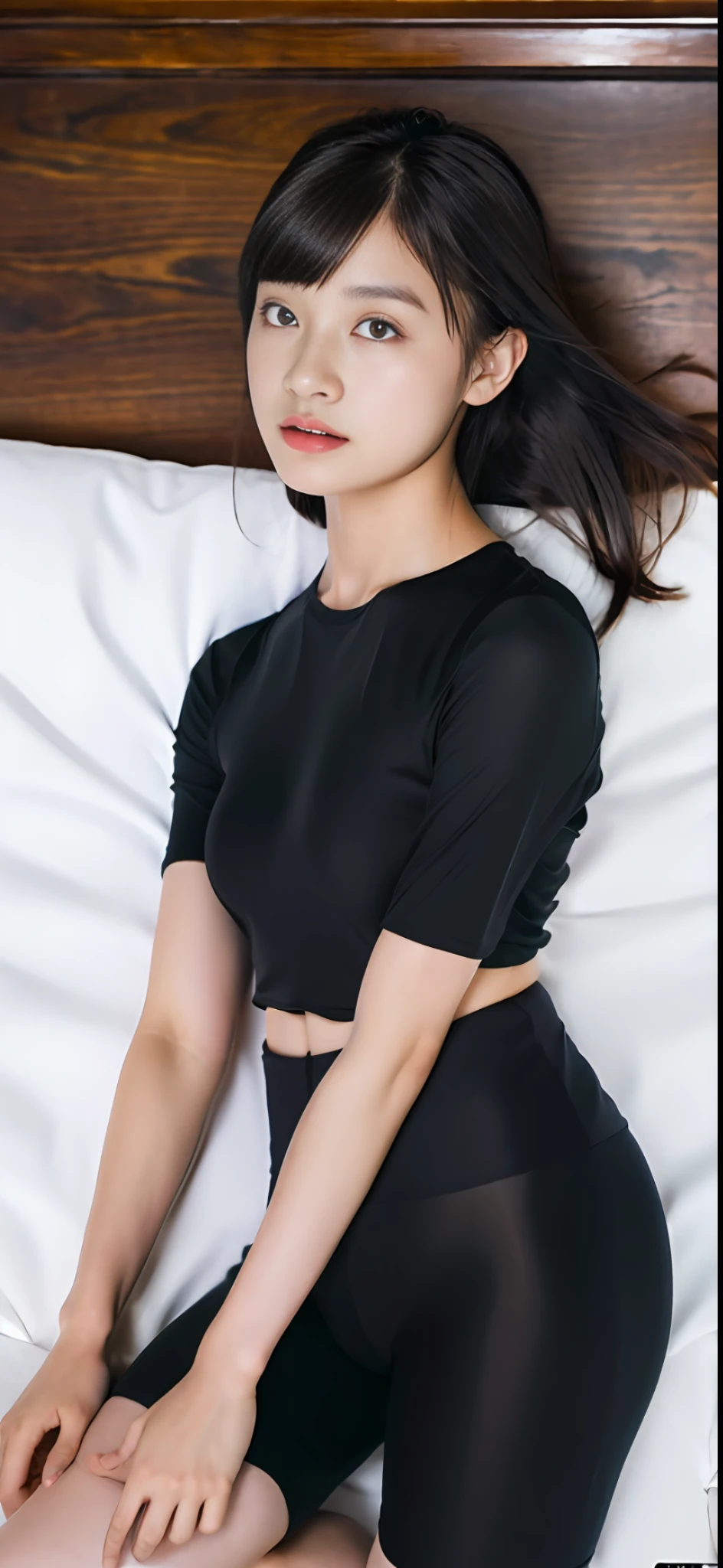 masterpiece, masterpiece, best quality, best quality, real, unity, 8k wallpaper, official art, highly detailed cg unity 8k wallpaper, ulzzang-6500, one girl, cute, professional lighting, ((long black spandex shorts: 1.37)), t-shirt, twisting clothes, long hair, disheveled hair, (original: 1.2), (real: 1.4), ultra detailed, high resolution, ultra detail, Wonderful, fine details, cinematic lighting, simple costumes, detailed clothing texture, bed, sleeping on your back, projected from above. (8k, RAW photo, highest quality, masterpiece: 1.27), (realistic, photorealistic: 1.37), physically based rendering, handsome, masterpiece, highest quality, high resolution,