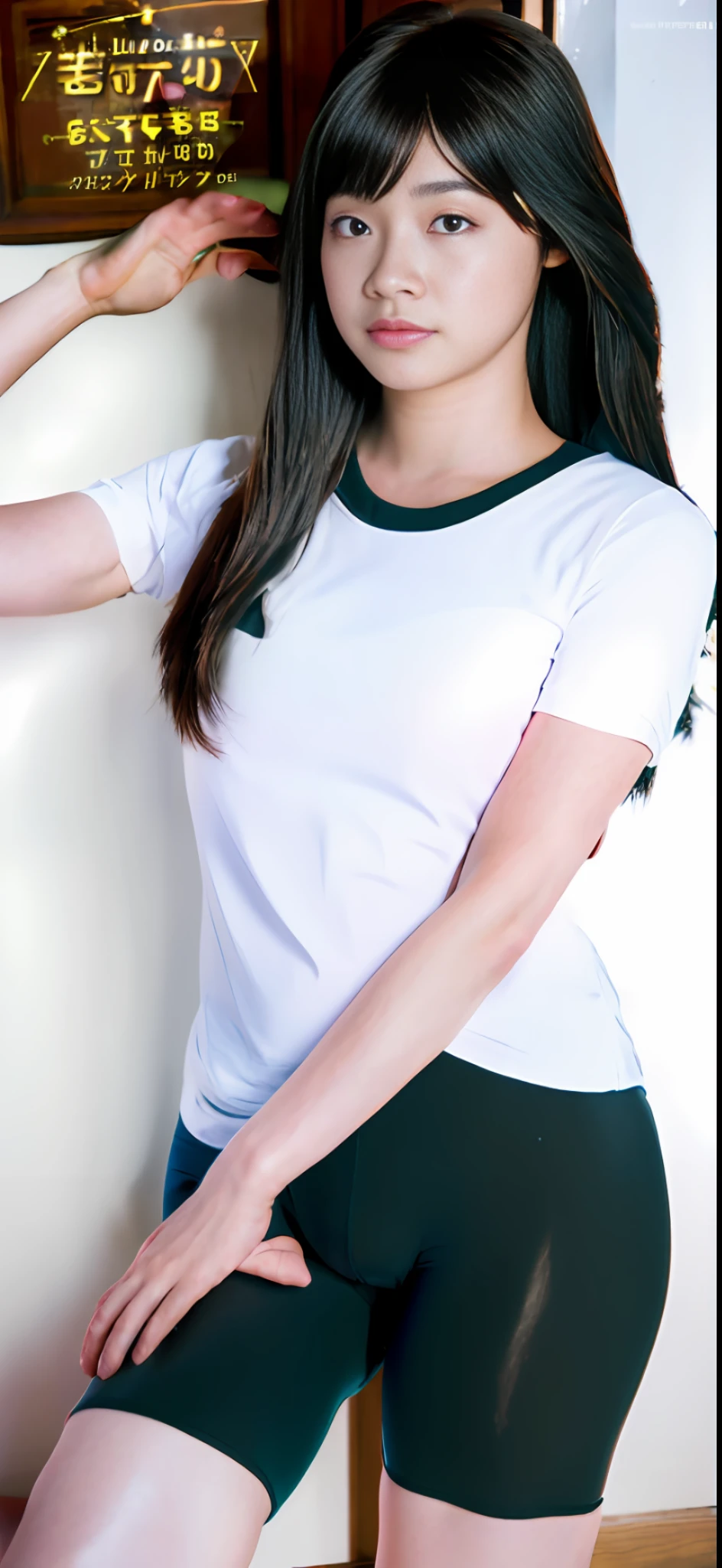 masterpiece, masterpiece, best quality, best quality, real, unity, 8k wallpaper, official art, highly detailed cg unity 8k wallpaper, ulzzang-6500, one girl, cute, professional lighting, ((long black spandex shorts: 1.37)), t-shirt, long hair, disheveled hair, (original: 1.2), (real: 1.4), ultra detailed, high resolution, super detailed, fantastic, Fine details, cinematic lighting, simple costumes, detailed clothing textures, bed, sleeping on your back, arms outstretched, projected from above. (8k, RAW photo, highest quality, masterpiece: 1.27), (realistic, photorealistic: 1.37), physically based rendering, handsome, masterpiece, highest quality, high resolution,