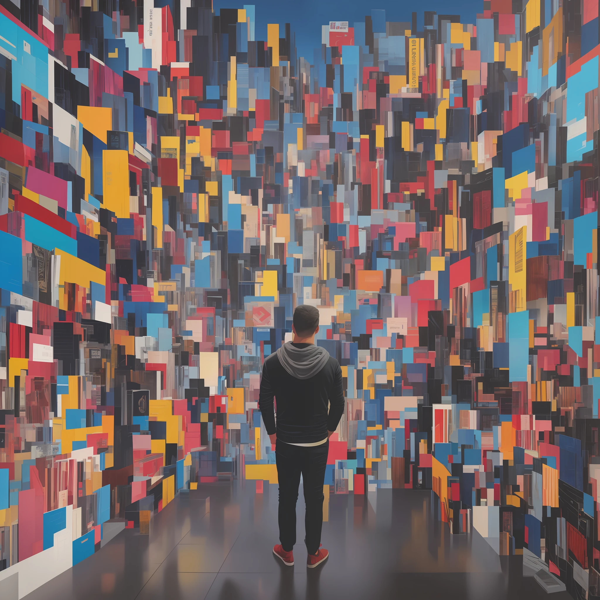 painting of a man standing in front of a wall of signs, inspired by Derek Gores, by Hamish MacDonald, mixed media, by Derek Gores, 2022, 2 0 2 2, thomas kinkade and tristan eaton, by Jason Benjamin, michael okuda, jen bartel, by Richard Carline, 62 x 47 inches --auto --s2