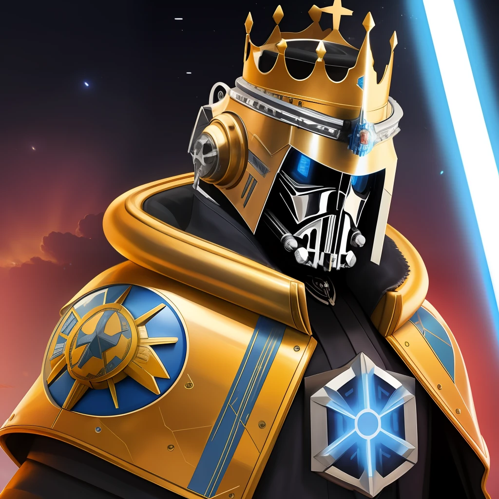 Futuristic tooth punk coat of arms with a crown and a Jedi lightsaber, enveloped in an energy shield. --auto --s2