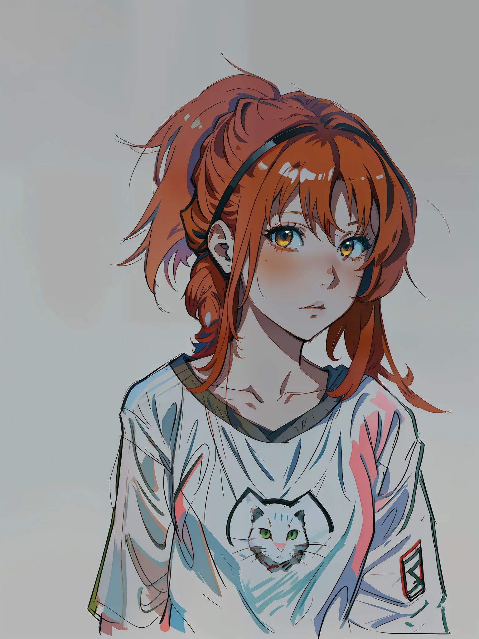 a drawing of a girl with red hair and a cat on her shoulder, inspired by loish, sketchy artstyle, anime style portrait, loish art style, colored sketch, urban girl fanart, anime inspired, in an anime style, anime styled, portrait of an anime girl, female emo art student, red haired girl, maiden with copper hair, an emo girl