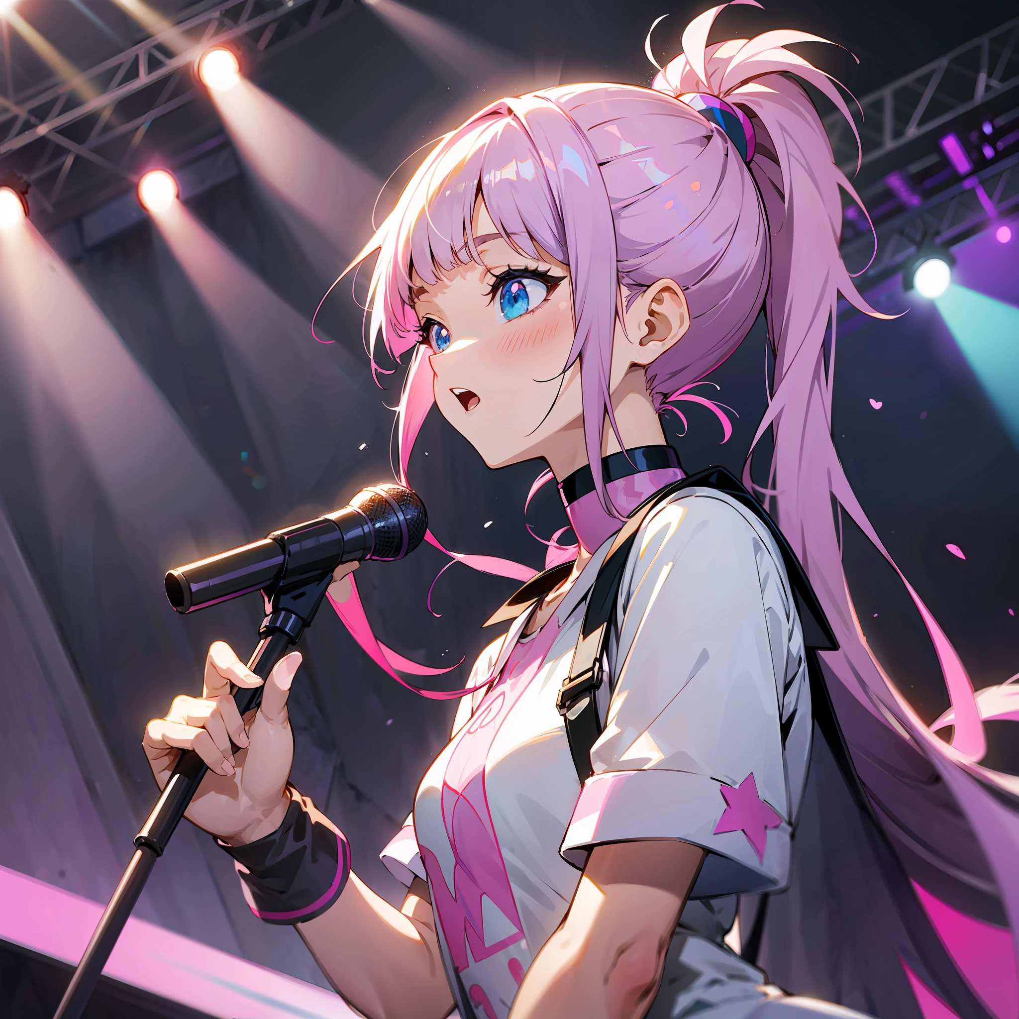 Anime girl with pink ponytail. Her bangs are straight and her hair has a square cut. Her hair is straight and long. She is an idol, who is singing at a rock concert. Blue eye. The stage lights are purple --auto --s2