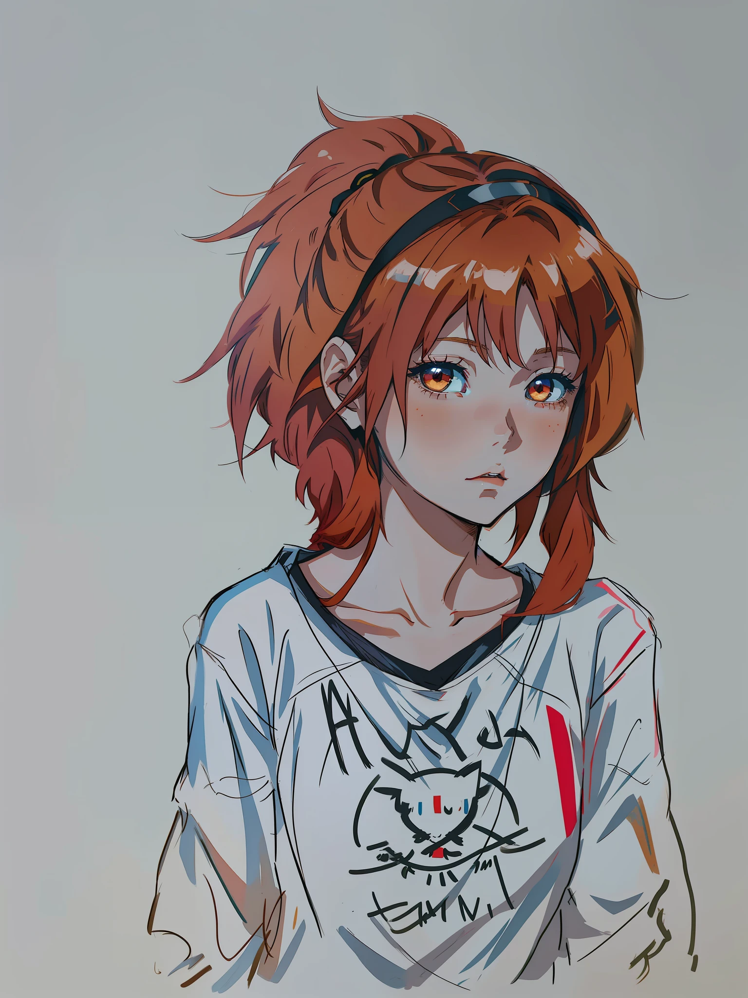 a drawing of a girl with red hair and a cat on her shoulder, inspired by loish, sketchy artstyle, anime style portrait, loish art style, colored sketch, urban girl fanart, anime inspired, in an anime style, anime styled, portrait of an anime girl, female emo art student, red haired girl, maiden with copper hair, an emo girl