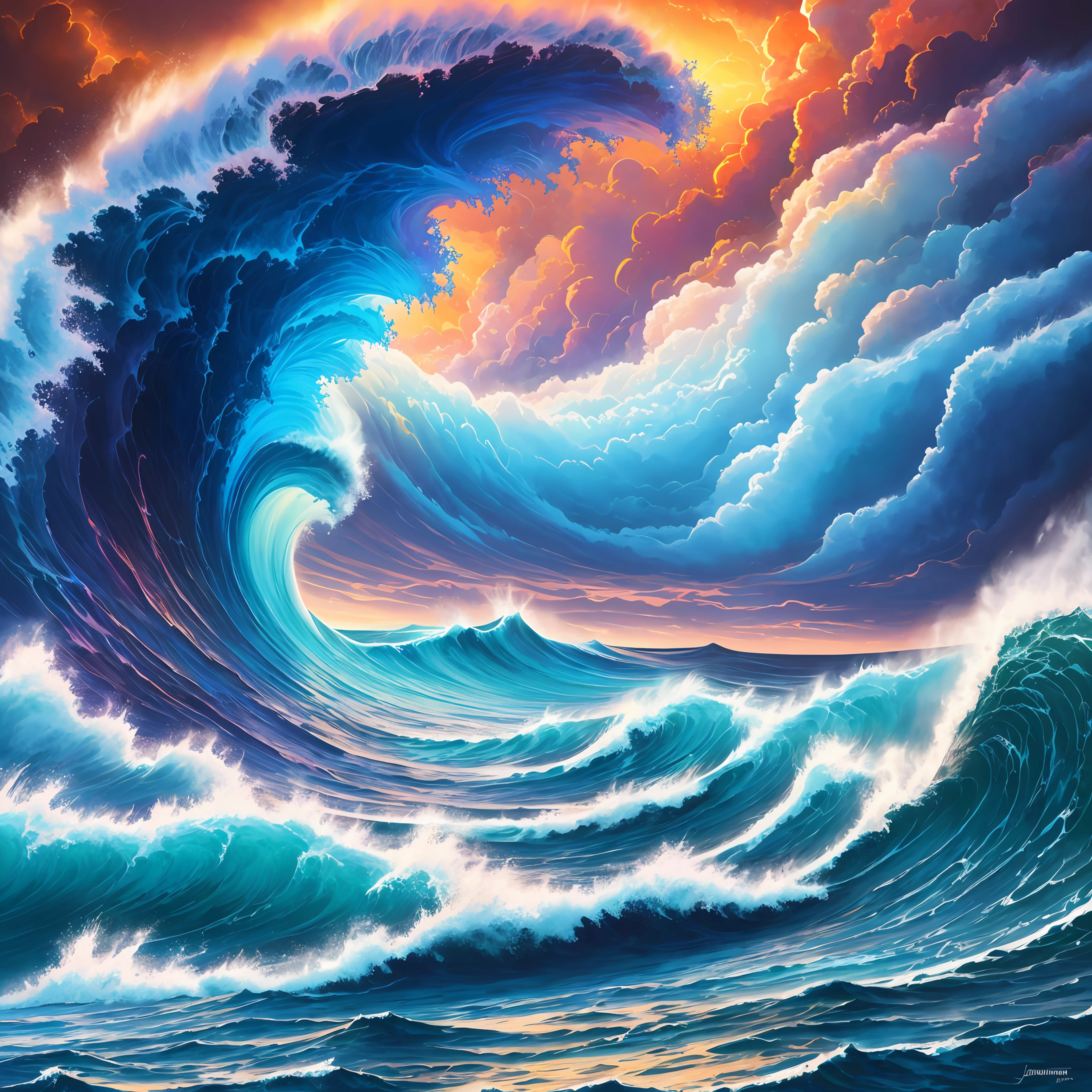 painting of a large wave breaking into the ocean with a colorful sky, waves of energy, jim warren, fractal thunder dan mumford, marc adamus, rob mcnaughton, epic surrealism 8k oil painting, breathtaking wave, by Dan Christensen, psychedelic waves, ocean of canvas catching fire, soaring waves, by Jason Benjamin, highly detailed digital painting, breathtaking digital art --auto --s2