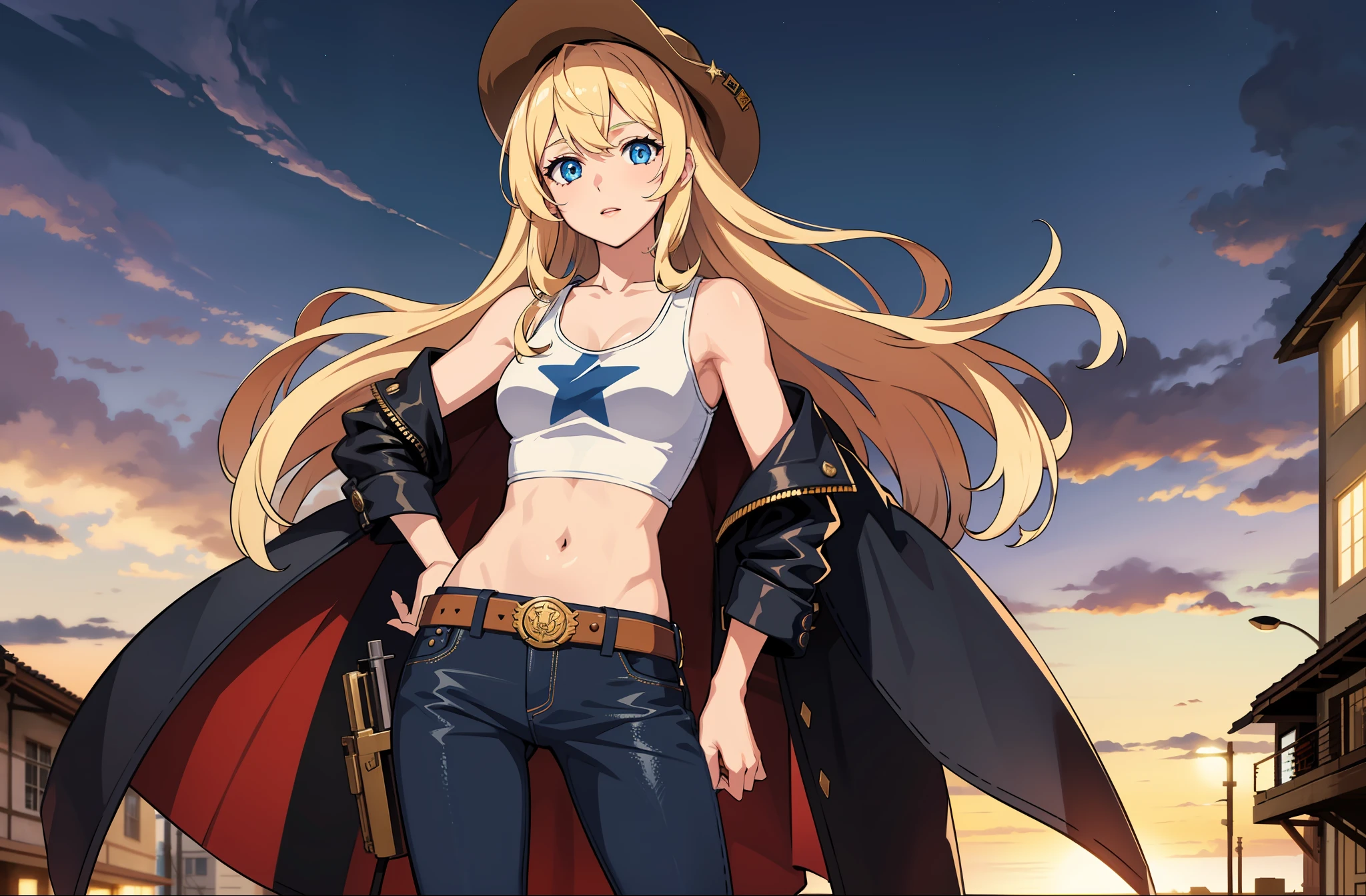 1 girl, masterpiece, macross delta splash art, best quality, white tank top, midriff, short blue jeans, small breasts, cowboy hat, gun holster on hip, highly detailed gun, realistic gun, Colt Peacemaker in hand, gun aimed forward, sheriff badge, bullets on belt, brown leather duster, leather overcoat, detailed eyes, sparkling eyes, beautiful hands, highly detailed hands, straight hands, shiny skin, shiny hair, blue eyes, light blonde hair, tall, long hair, straight hair, full body, American flag