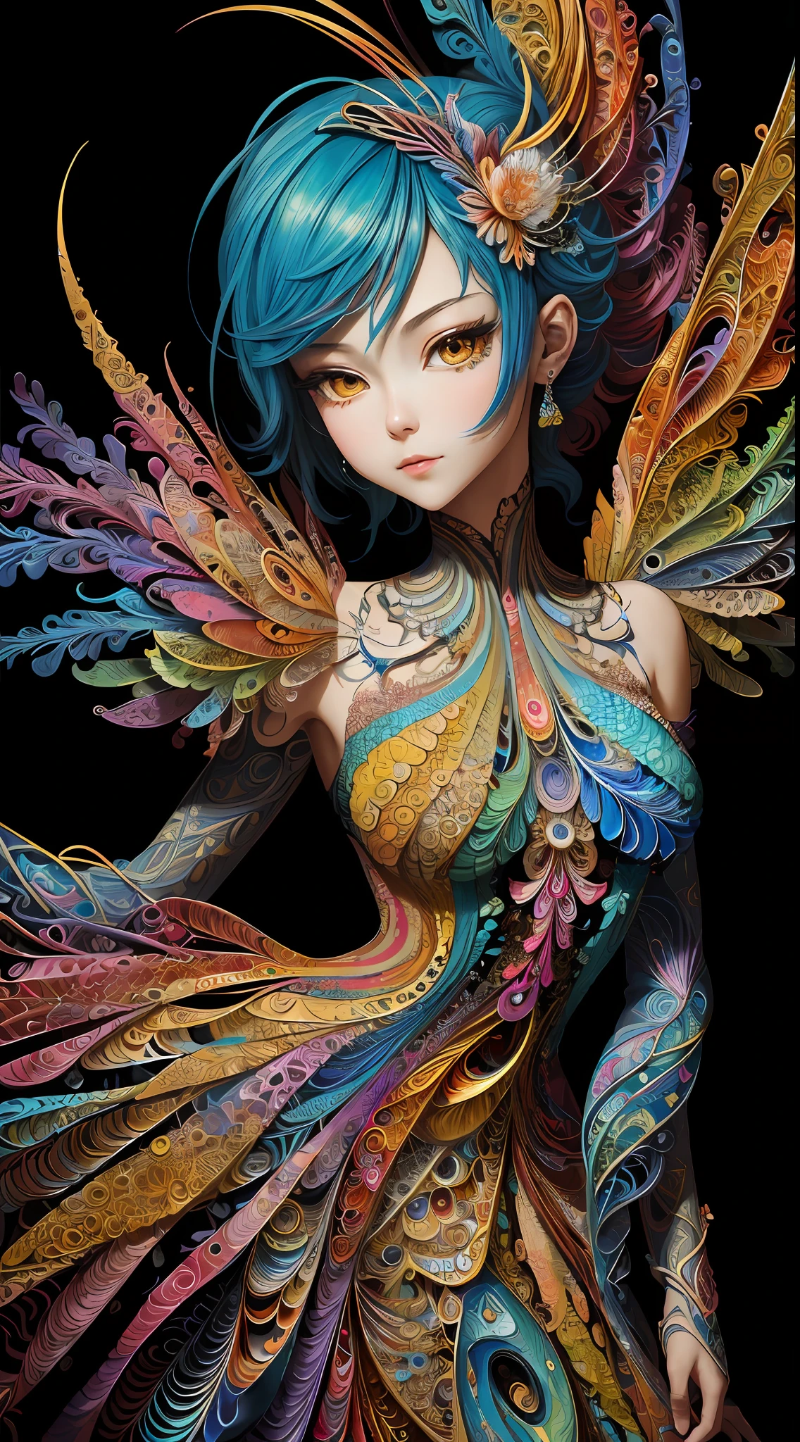 (masterpiece, top quality, best quality, official art, beautiful and aesthetic:1.2), (1girl:1.3), extremely detailed,(fractal art:1.2),colorful,highest detailed,(zentangle:1.2), (dynamic pose), (abstract background:1.5), (treditional dress:1.2), (shiny skin), (many colors:1.4), upper body, masterpiece, best quality,high quality,highres, 16K,RAW,ultra highres,ultra details,finely detail,an extremely delicate and beautiful,extremely detailed,real shadow, anime,highly detailed painted,award winning glamour paintting,wonderful paintting,art style,stylized,